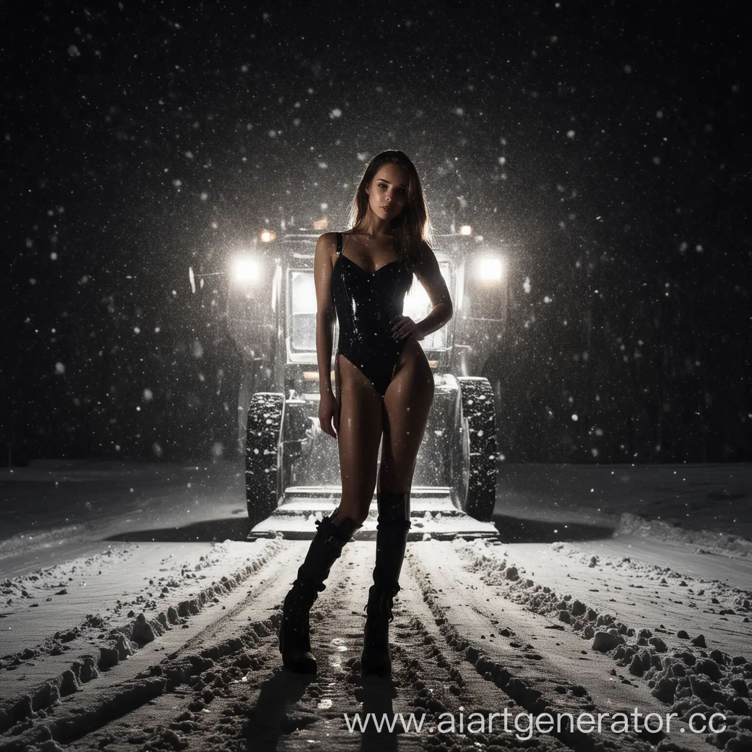 Winter-Night-Full-Body-Portrait-Photography-with-Brunette-Girl-in-Bodysuit-and-Snow-Plow-Headlights