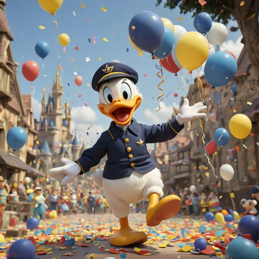 Beautiful,  photo. The scene depicts Donald Duck in his classic Navy outfit - a blue shirt with white accents, yellow buttons and a distinctive naval cap. Donald stands against a colorful, festive landscape full of balloons, confetti and colorful flags.

Donald carries a joyful face, exuding the enthusiasm and energy that has always been his trademark.

In addition to Donald, there are other characters from his adventures, such as his nephews Hisio, Dizio and Zisio, as well as his loyal friend Mickey Mouse, who emphasizes his importance in the Disney world. Donald holds a gift that further gives the scene a joyful, festive atmosphere.