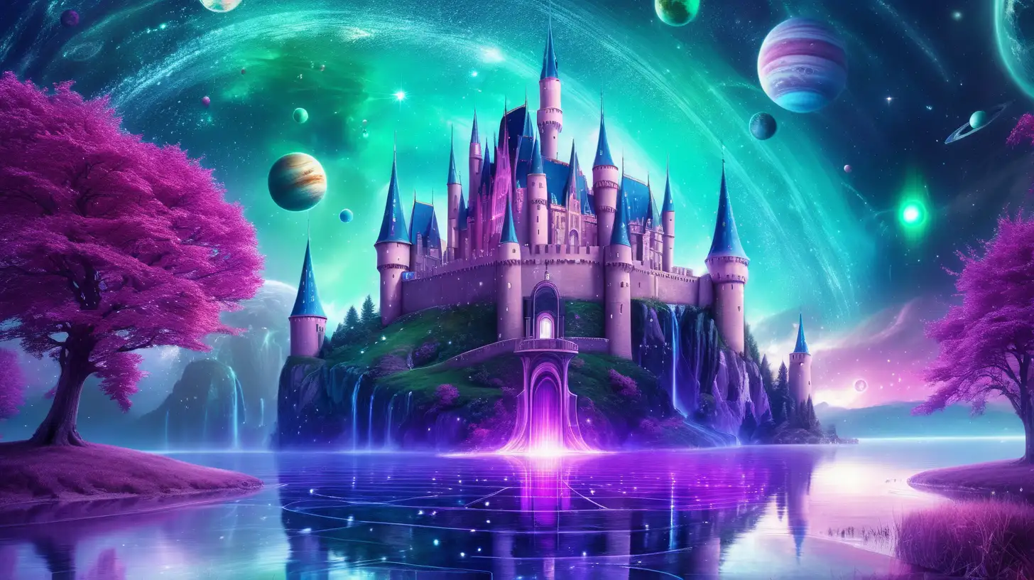fairytale-castle in the middle of a rainstorm surrounded by a magical lake in outer space with planets and galaxies. Green. Bright-Blue. Magenta. Purple.