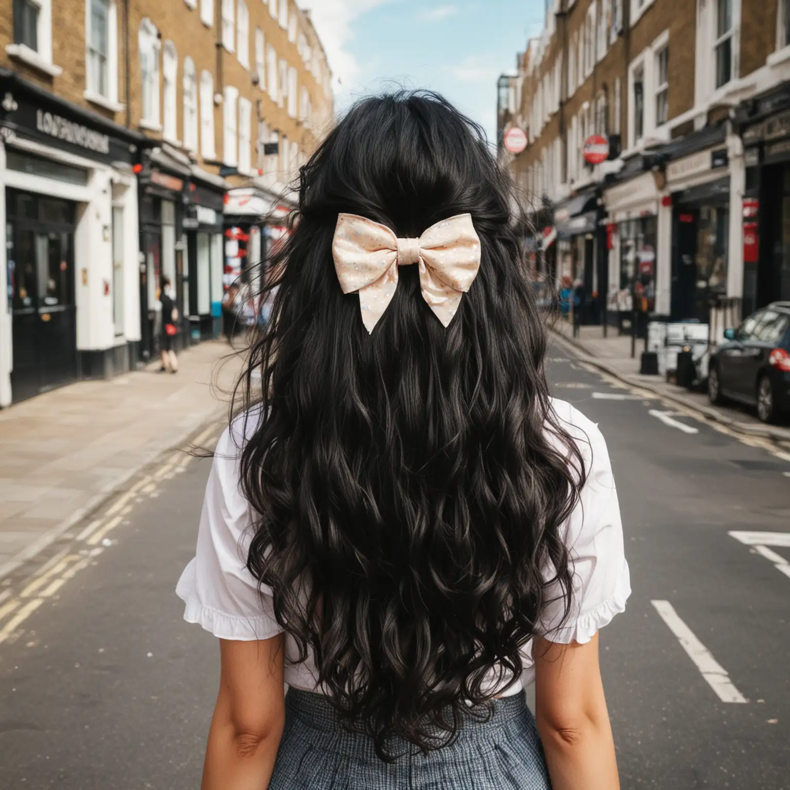 girl with long wavy black hair,bow in hair  walking away from camera on the streets of london in the summer, we cant see her face