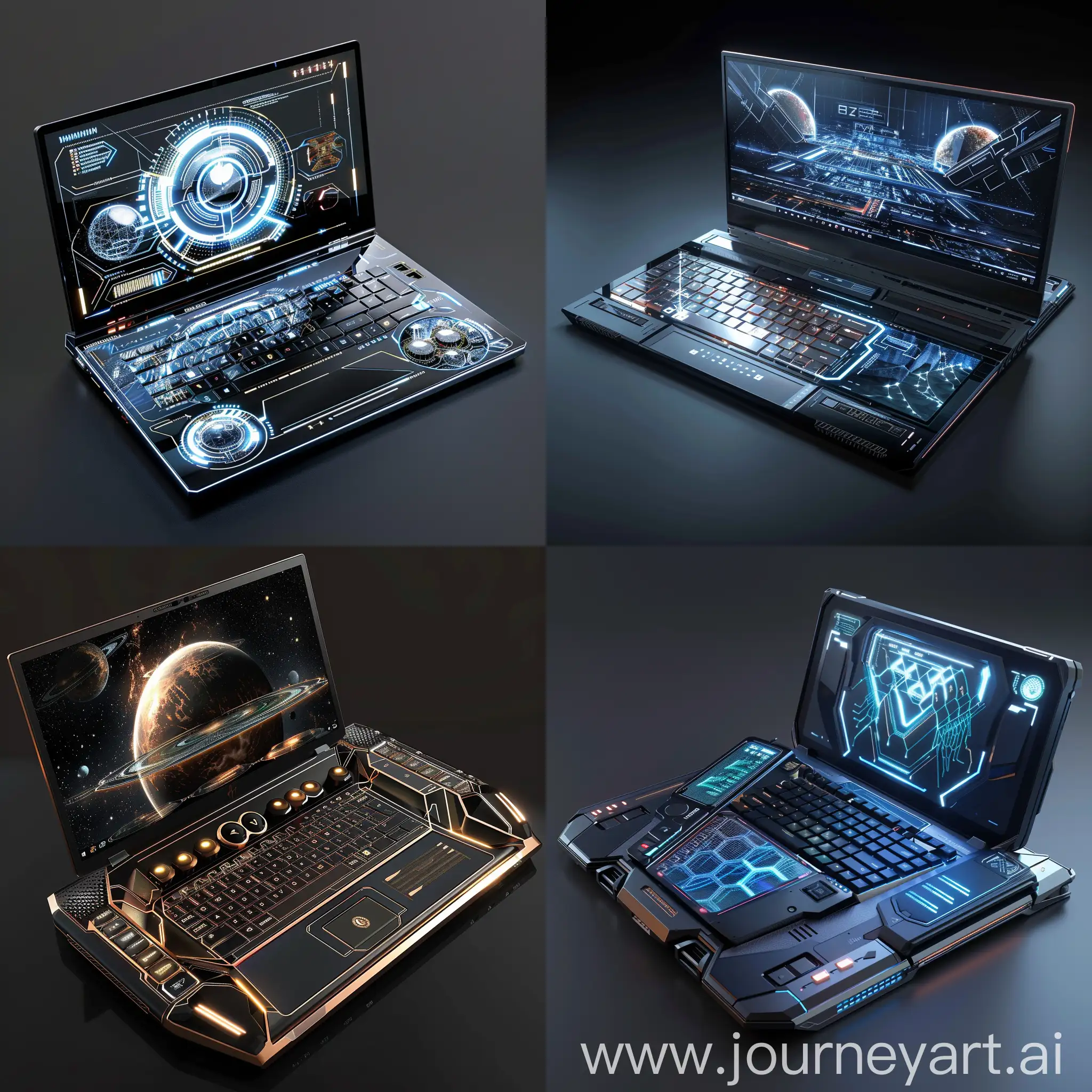 Sci-Fi laptop, Advanced Science and Technology, Advanced, Quantum Processor Chips, Graphene Batteries, Holographic Displays, Neural Interface Components, Molecular Memory Storage, Self-Healing Materials, Liquid Cooling Systems, Flexible and Foldable Screens, Voice-Controlled BIOS, AI Co-Processors, Solar-Powered Skins, Shape-Shifting Chassis, Seamless, Bezel-less Displays, Integrated IoT Connectivity, Cloud-Optimized Operating Systems, Decentralized Data Management, Cybersecurity Hardware, Content Creation Accelerators, Virtual Reality Ready Components, Adaptive Network Interfaces, In Unreal Engine 5 Style --stylize 1000