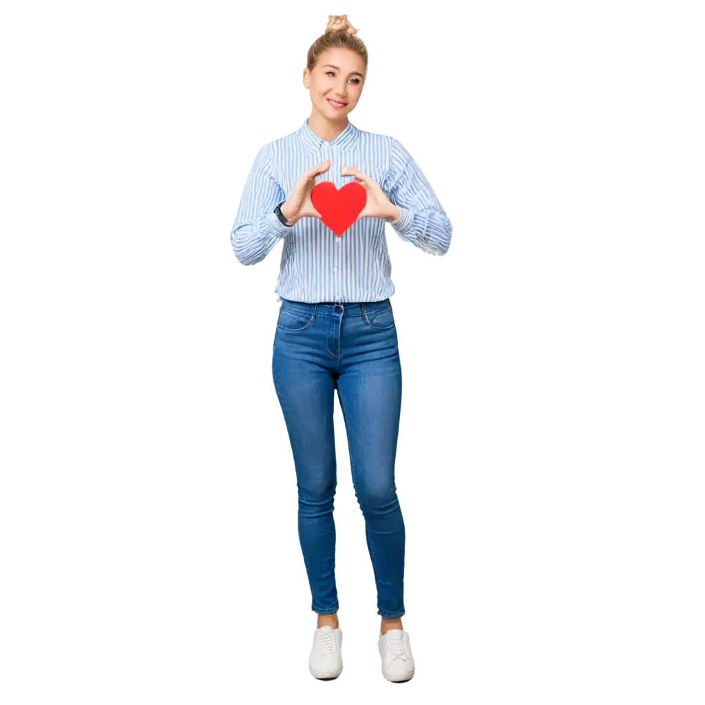 semi-realistic style, sticker girl blonde hair in a bun shirt with vertical stripes and jeans, shows a heart with her hands, stands straight, looks straight, bright colors, high image quality, detail