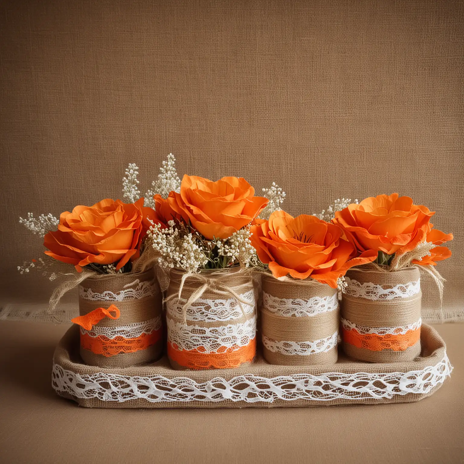 orange rustic wedding centerpiece with burlap and lace; nothing else in photo; keep the background neutral