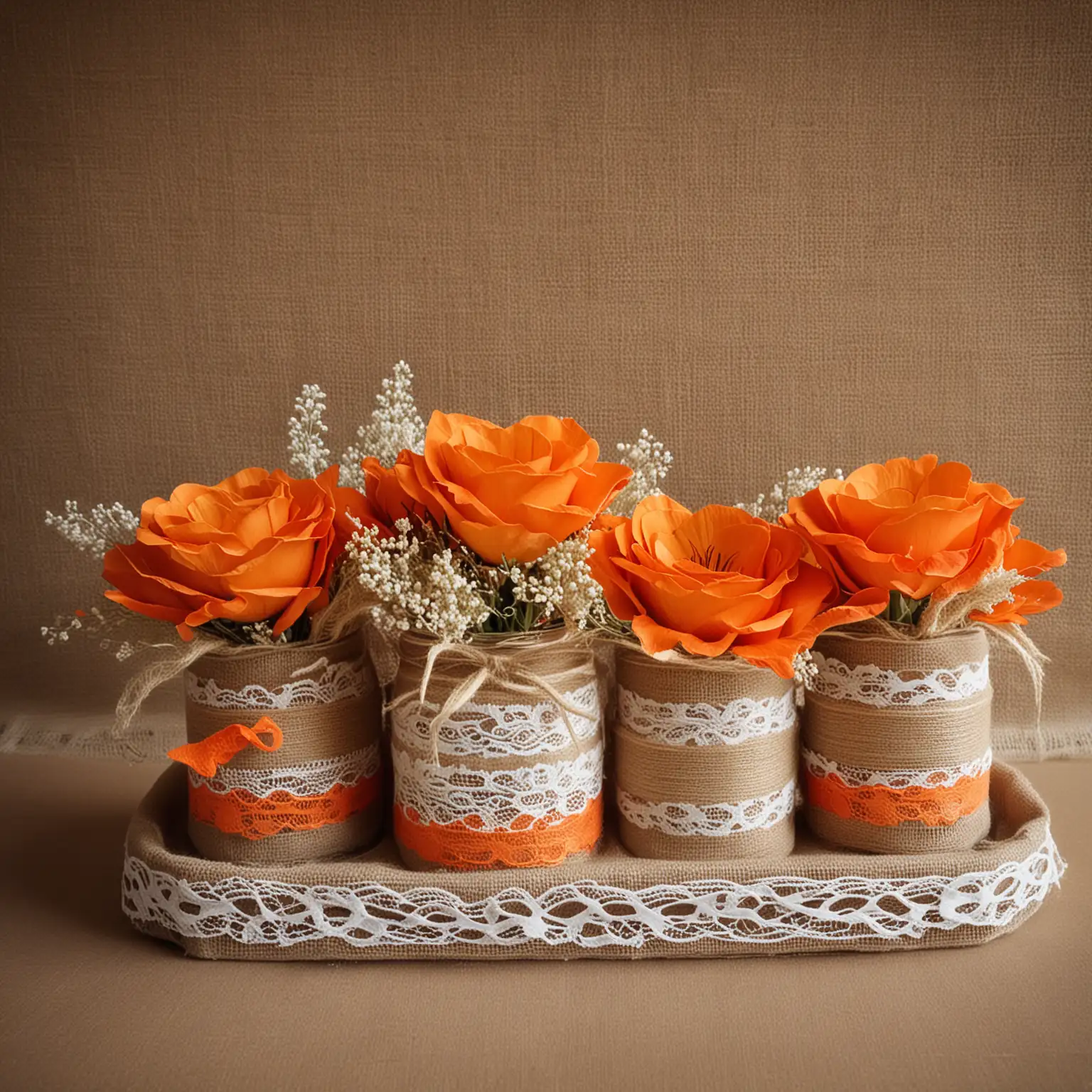 Rustic-Orange-Wedding-Centerpiece-with-Burlap-and-Lace