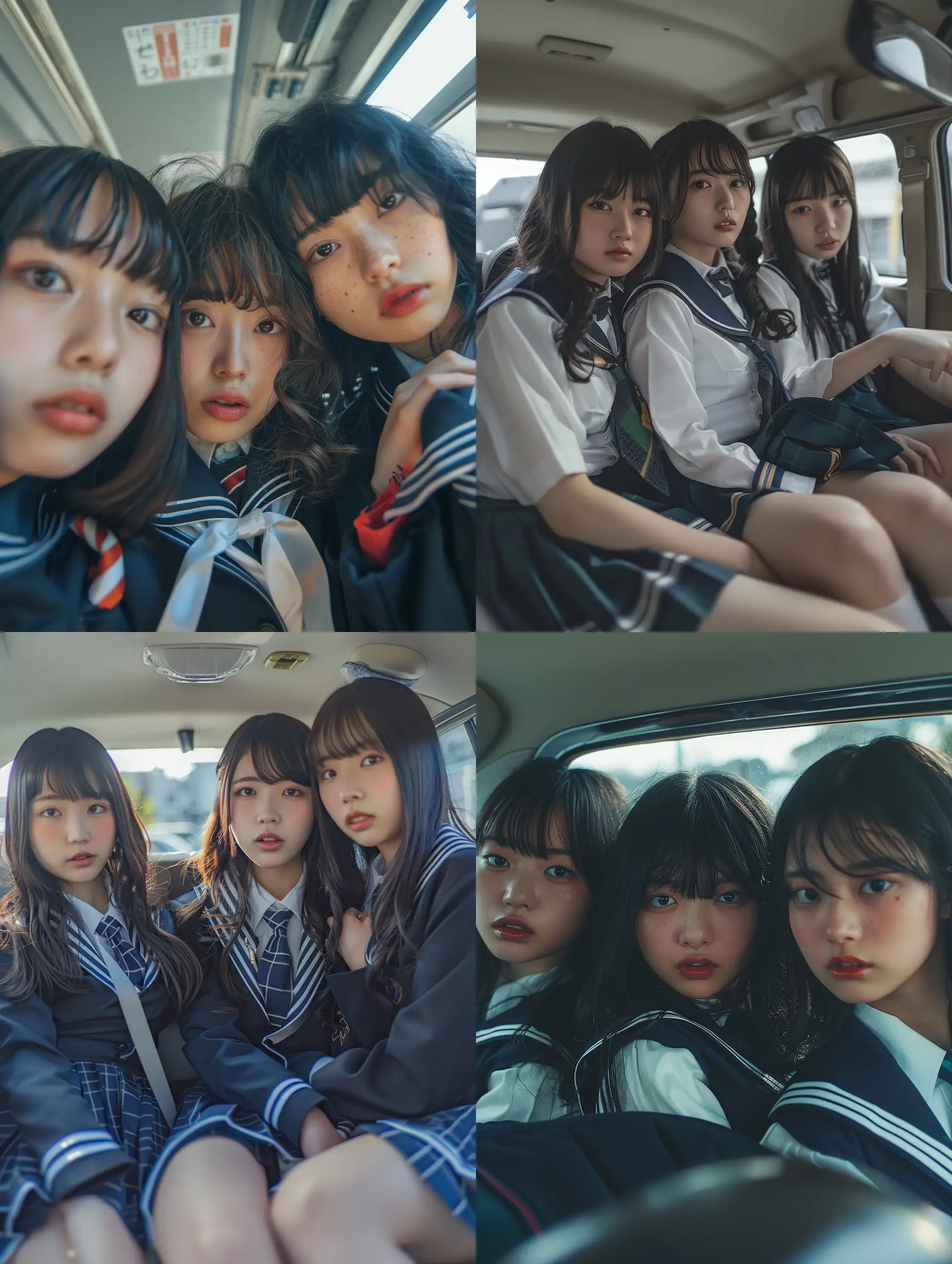 3 Japanese girls, 22 years old, school uniform, linear perspective, posing, inside car, natural photo taken with a nikon D5, 20 mm, low angle --v 6 --ar 3:4