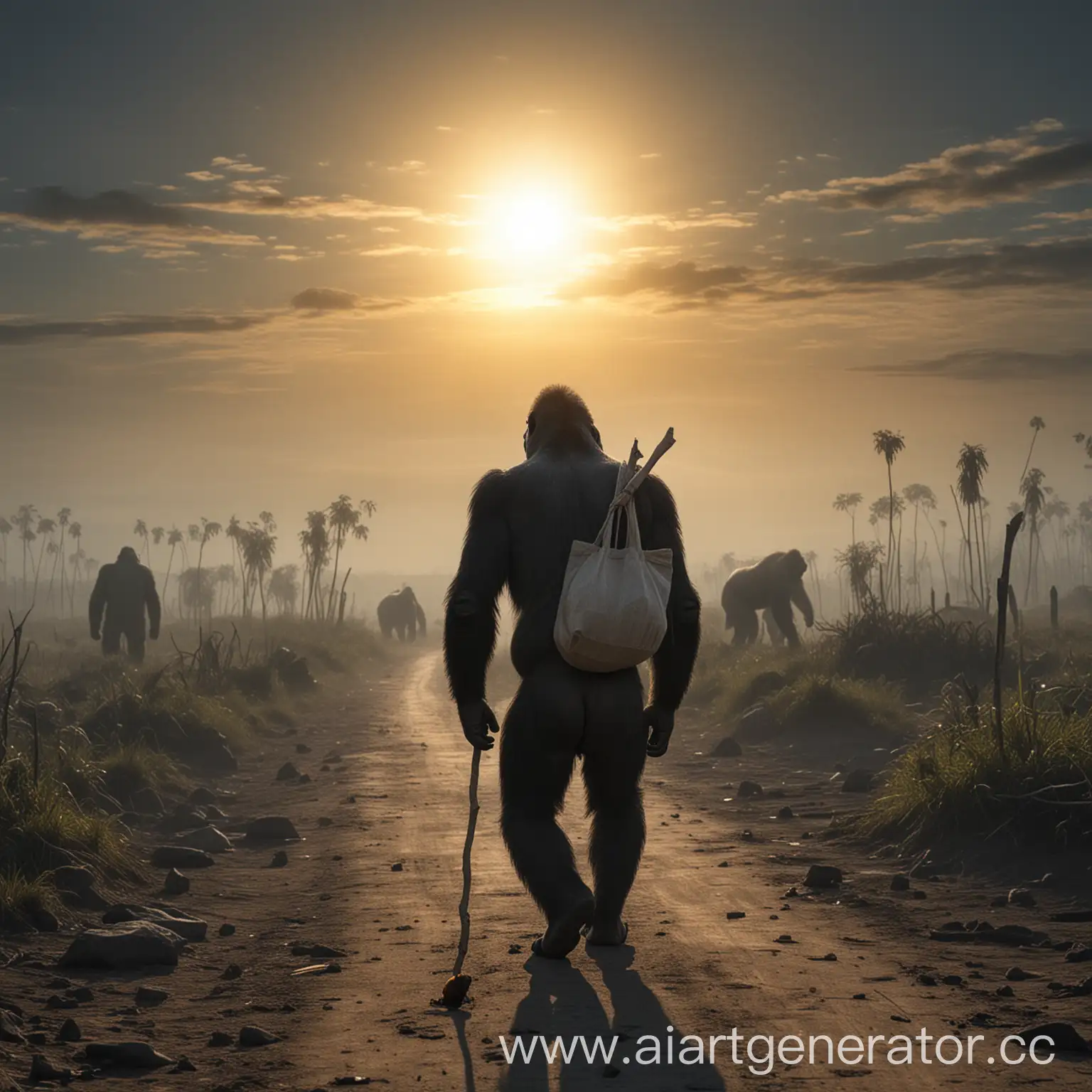 Очень грустная горилла идёт по горизонту к солнцу и в руке держит мешочек на палочке