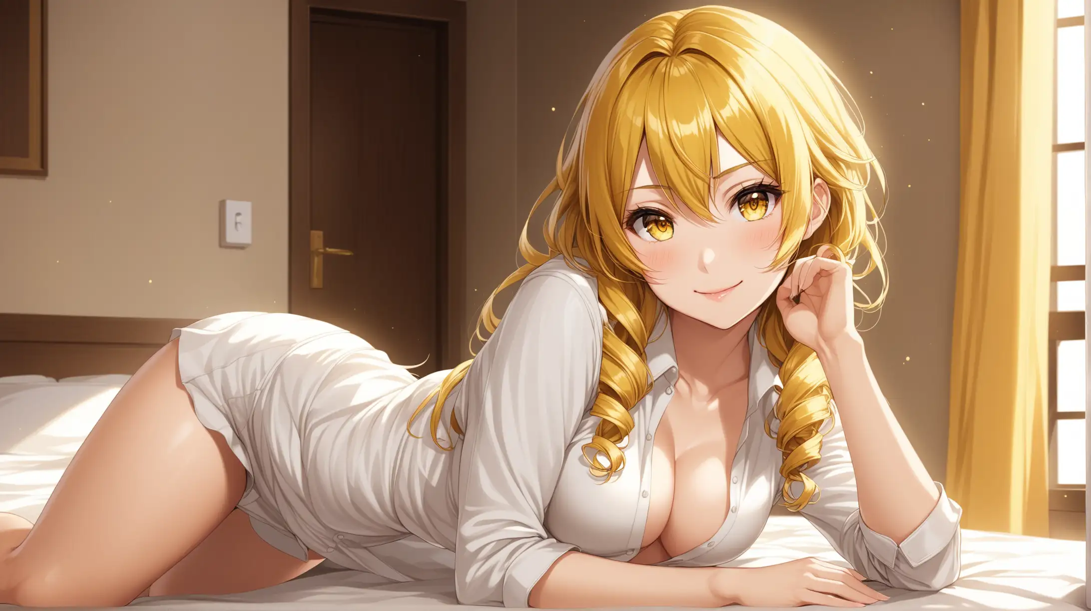 Draw the character Mami Tomoe, blonde, drill hair, yellow eyes, high quality, natural lighting, long shot, indoors, seductive pose, relaxed outfit, smiling at the viewer
