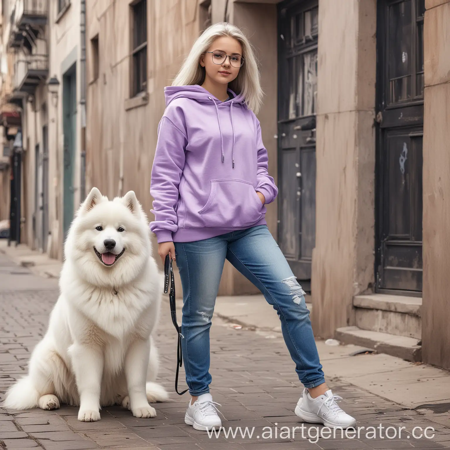 White girl 12 years old with a bob hairstyle, brunette girl with glasses wearing a lilac hooded sweatshirt, blue jeans and white sneakers and a white Samoyed dog with a black collar in a dynamic pose, full-length, urban background, glamour, chic, watercolor, airbrush, Style by Greg Rudkowski