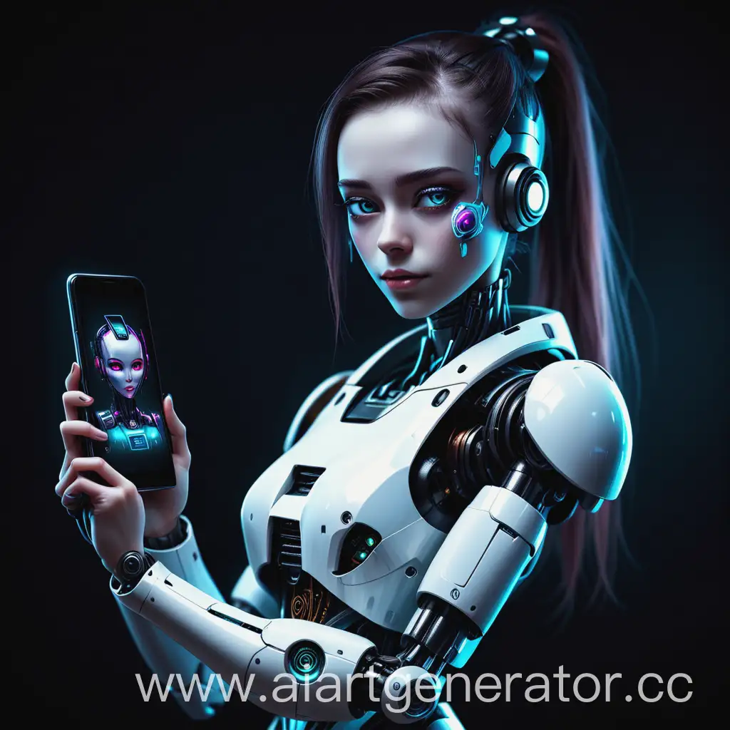 A beautiful robot girl is holding a smartphone in her hands, she stands against a dark background, the image has a portrait format, a girl in the cyberpunk style