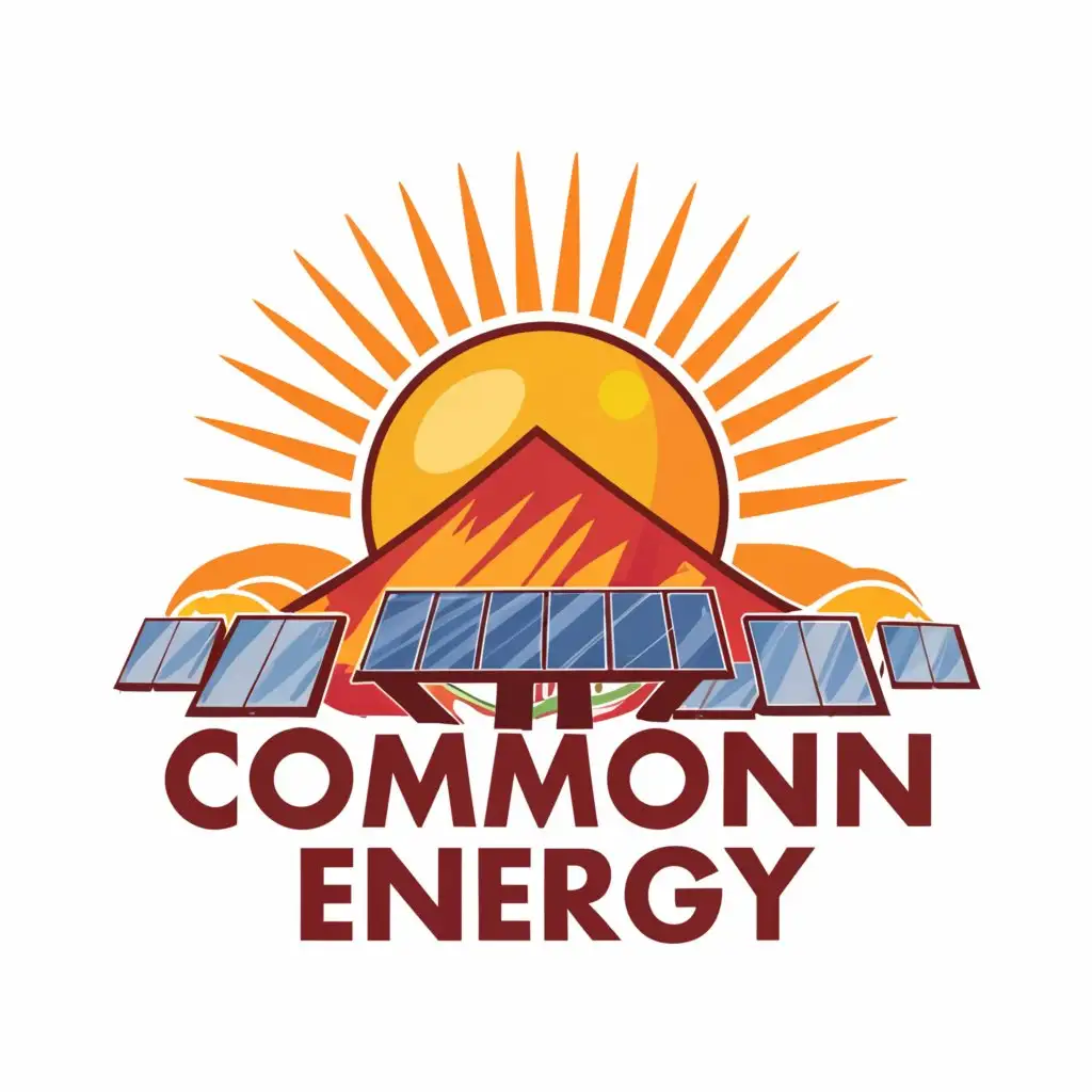 a logo design,with the text "COMMON ENERGY", main symbol:My goal is to obtain a unique and high-quality logo design that incorporates specific elements. - Incorporate warm colors including red, orange, and yellow.
- Integrate specific symbols: a sun, electricity, solar panels, Mt. Hood, and Columbia River.
- Bring creative flair to harmoniously unite these elements into a cohesive, eye-catching design.,Minimalistic,be used in Others industry,clear background
