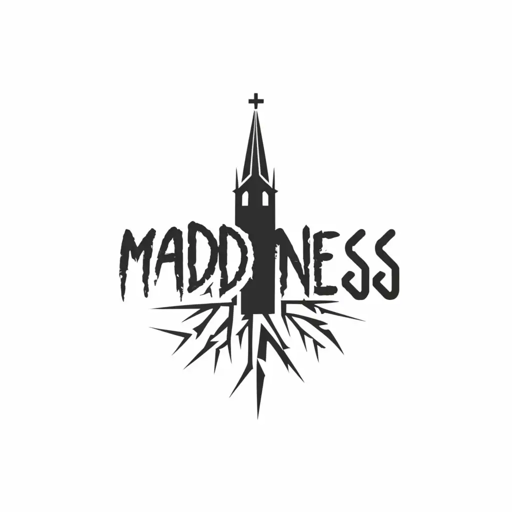 a logo design,with the text "Madness", main symbol:destroyed church,Minimalistic,clear background
