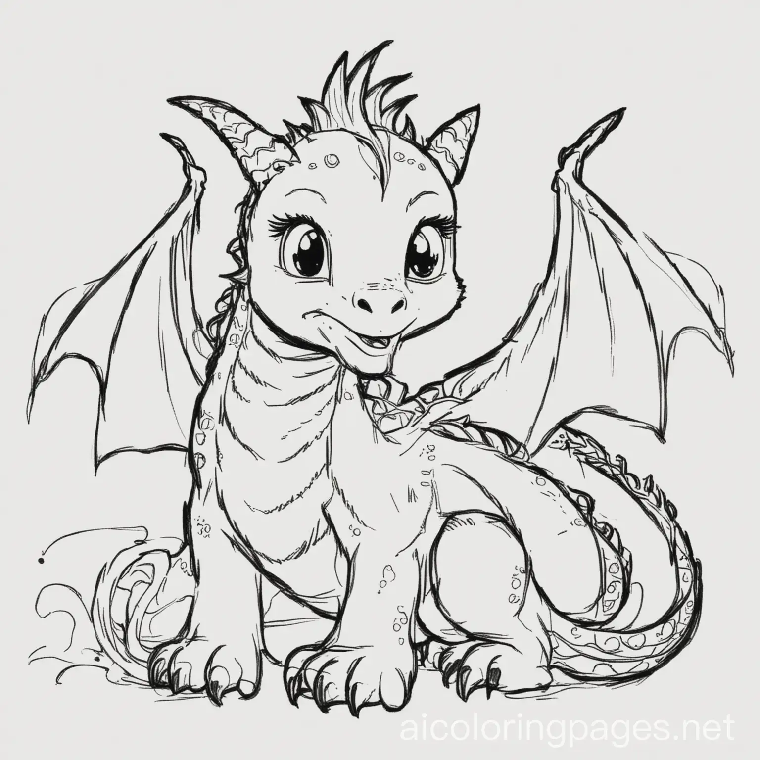 dragon, Coloring Page, black and white, line art, white background, Simplicity, Ample White Space, Coloring Page, black and white, line art, white background, Simplicity, Ample White Space. The background of the coloring page is plain white to make it easy for young children to color within the lines. The outlines of all the subjects are easy to distinguish, making it simple for kids to color without too much difficulty