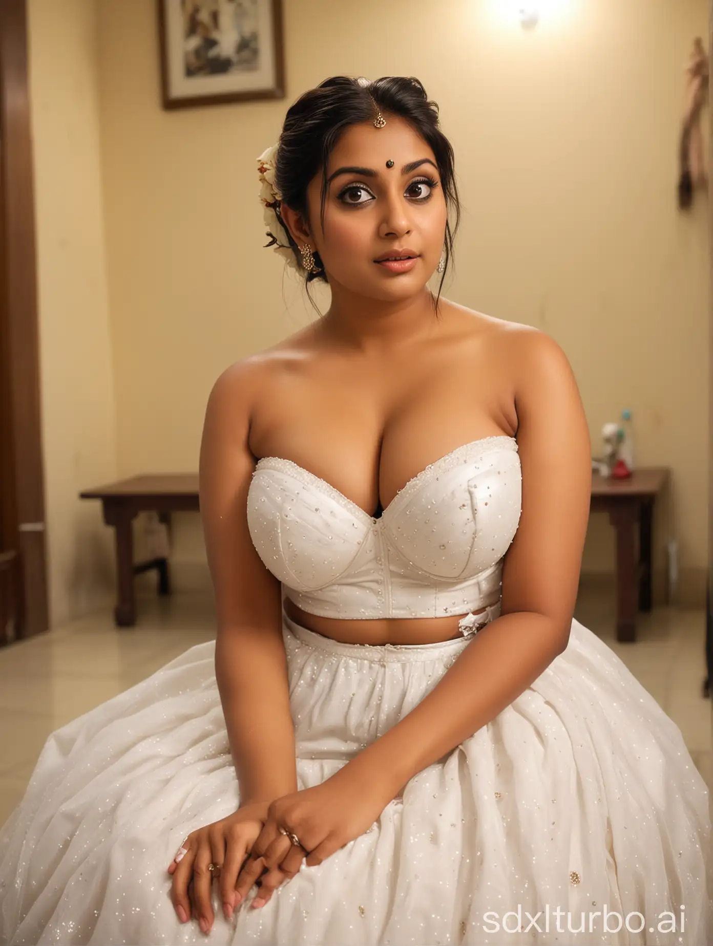 CURVY indian church bride with huge boobs, with Plump female body and hair bun, with white strapless bra with deep cleavage and low waisted bridal skirt, she has busty body, is sitting at the well lit dressing room. big eyes, blurred background, ultra focus, face illuminated, face detailed, 16k resolution, full body view.