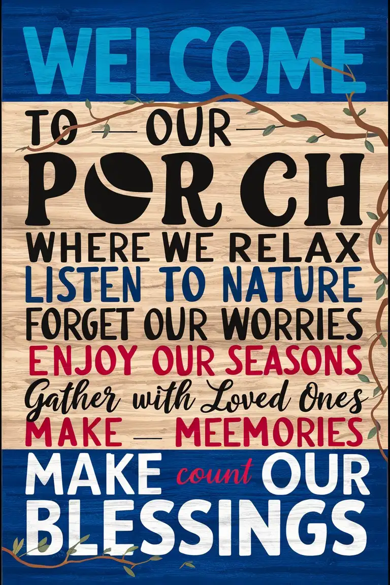 The blue and white wood-grain poster has bold text and playful fonts. Each sentence is unique and is arranged in order from top to bottom. The first sentence at the top is the clear blue "WELCOME", the next sentence is the black "TO OUR", the next sentence is the black "PORCH", the next sentence is the red "Where We Relax", the next sentence is the obvious black "LISTEN TO NATURE", the next sentence is the red "Forget Our Worries", the next sentence is the clear white "ENJOY THE SEASONS", the next sentence is the red "GATHER WITH LOVED ONES", the next sentence is the white "MAKE MEMORIES", and the next sentence is the black "Count Our Blessings", separated by branches and vines.