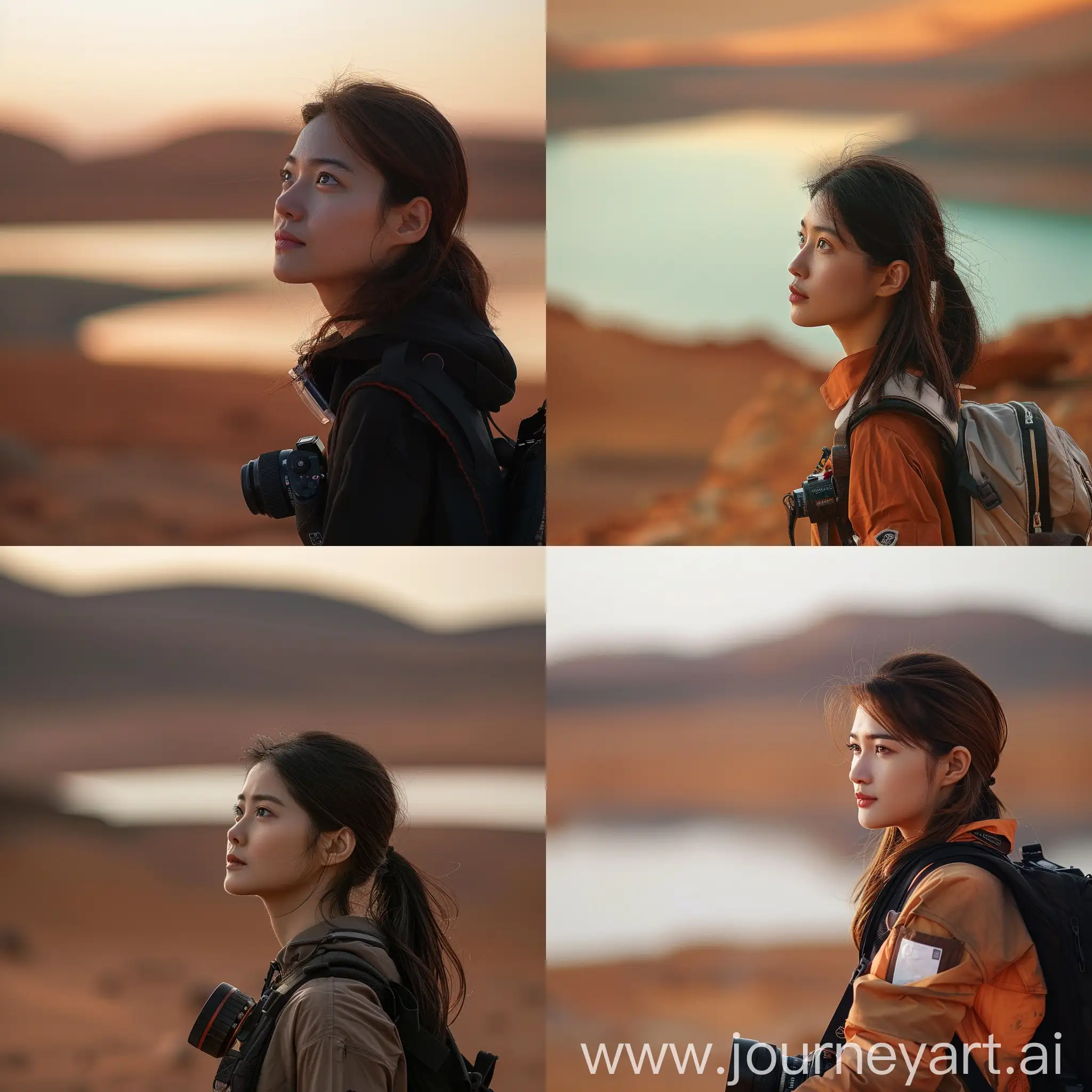A medium-distance profile photo of a Thai woman taken with a DSLR camera on Mars or beside it, with a lake in the background blurred.