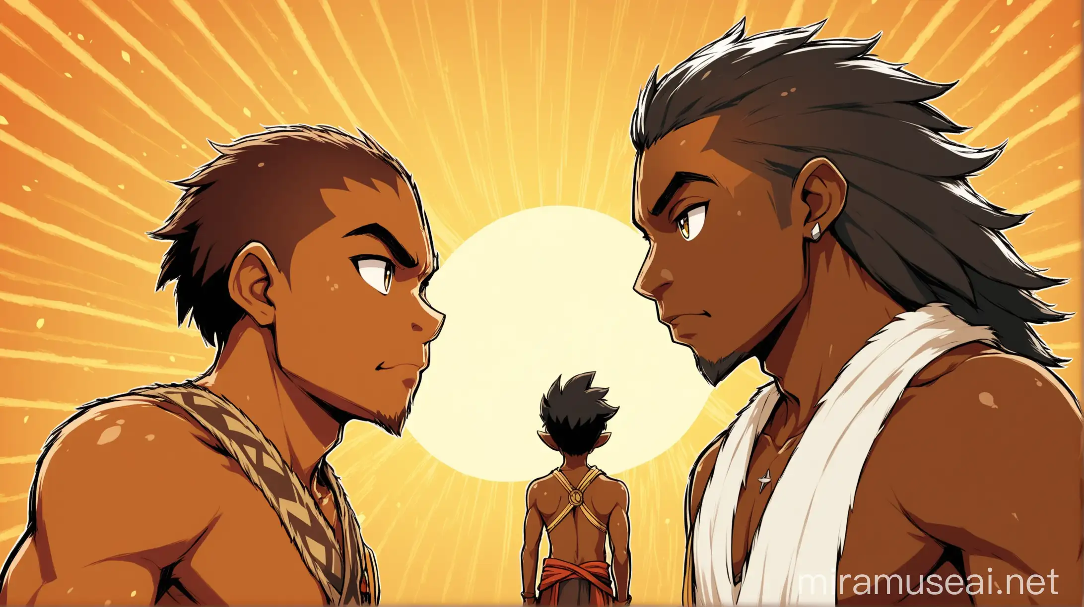 2 personnages face à face dont 1 est l'homme de "C:\Users\utilisateur\Downloads\171434333560757emg8ol.png". Ce sont des personnages jeune adulte mélanésiens. Ils sont chacun déterminé à gagner cette partie.  L'illustration est de style wakfu.