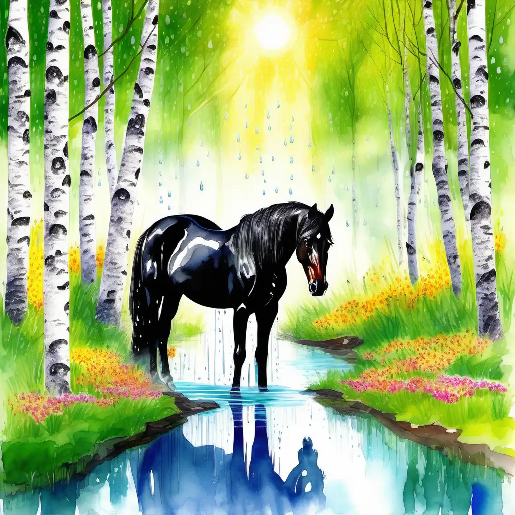 Peeking into a birch forest in spring, where green leaves and brightly colored spring flowers flourish and are reflected by the drops of a gentle spring rain, enhanced by the sun's rays shining through the foliage, a wonderfully beautiful black horse carelessly grazing on the grass, colored watercolors, water in water technology