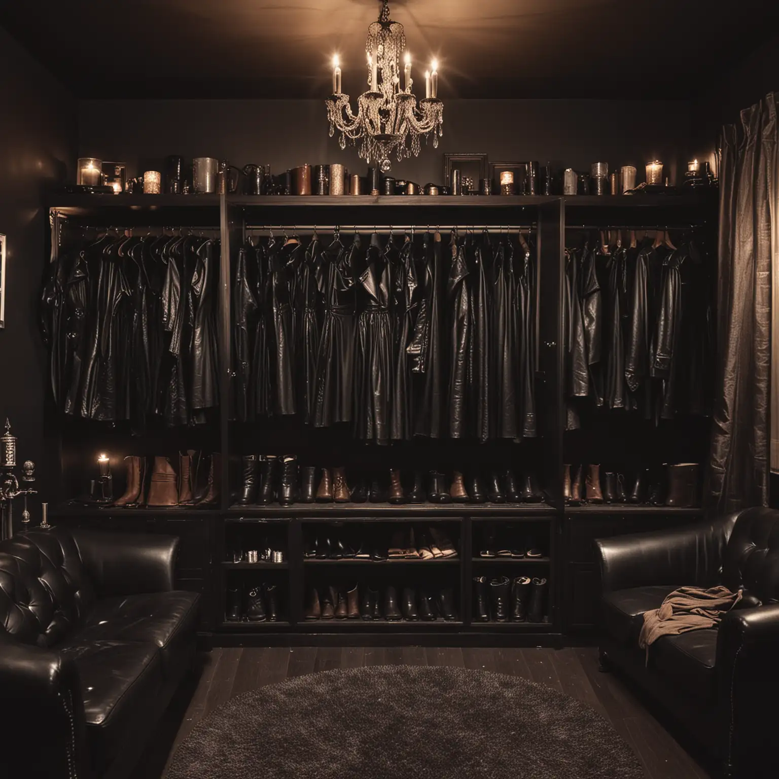 looking at open  cupboard full of leather dresses and catsuits and leather boots for woman.  dark bedroom. dark walls. low lights. leather sofa. only candles light.