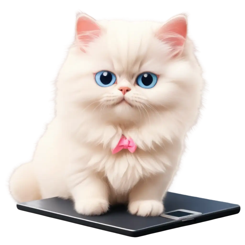 A simplified 2d comic cartoon character :  a fluffy white Persian kitten with bright blue eyes,wearing tiny pink bowtie and simplified white diapers,lying,focused on typing with its tablet, while looking at it.