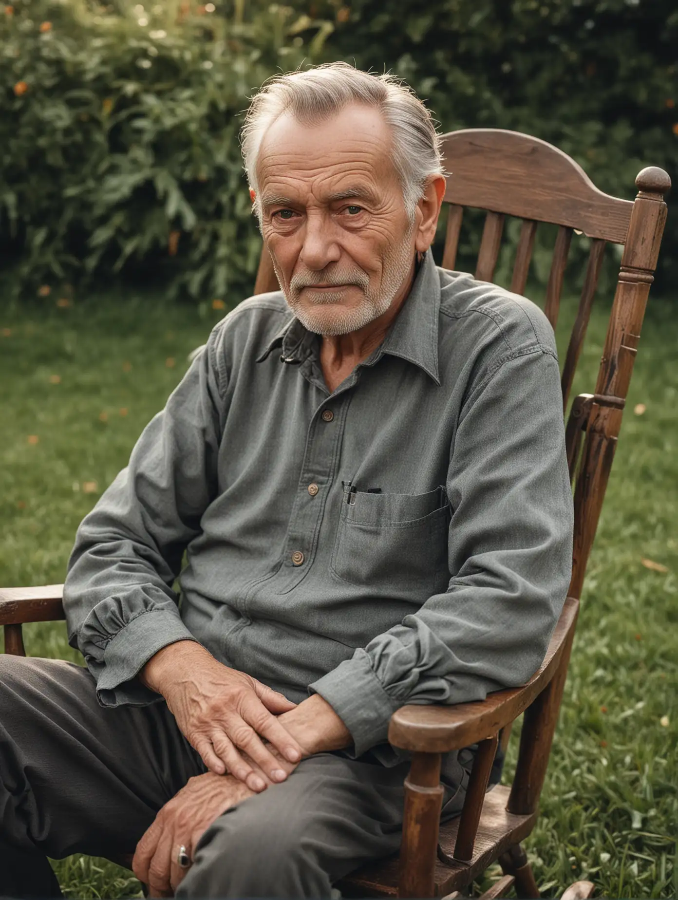 A 70-year-old man, sitting in a rocking chair on the grass, facing the camera, with exquisite facial features and professional photography skills