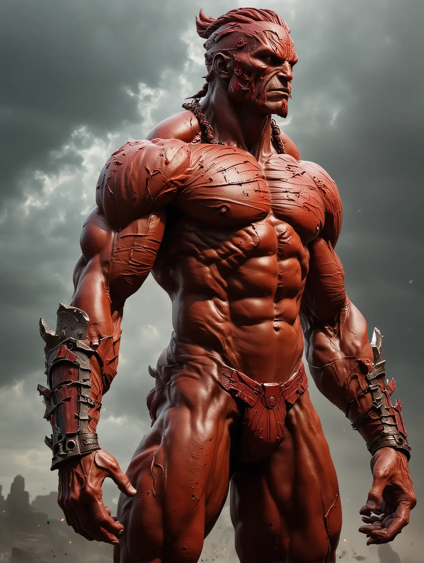 muscular War god. red skin.