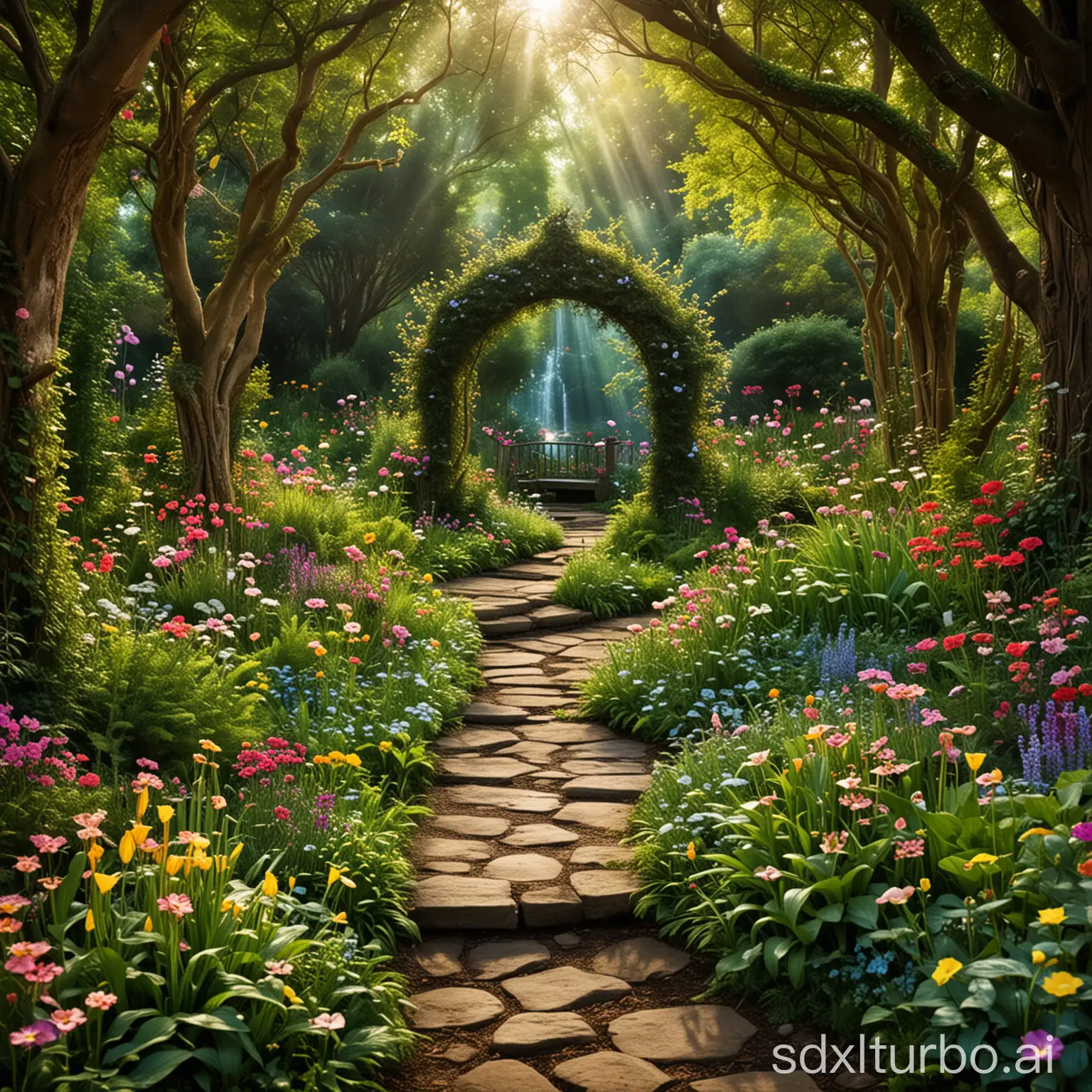 Magical-Enchanted-Garden-with-Blooming-Flowers-and-Mystical-Creatures