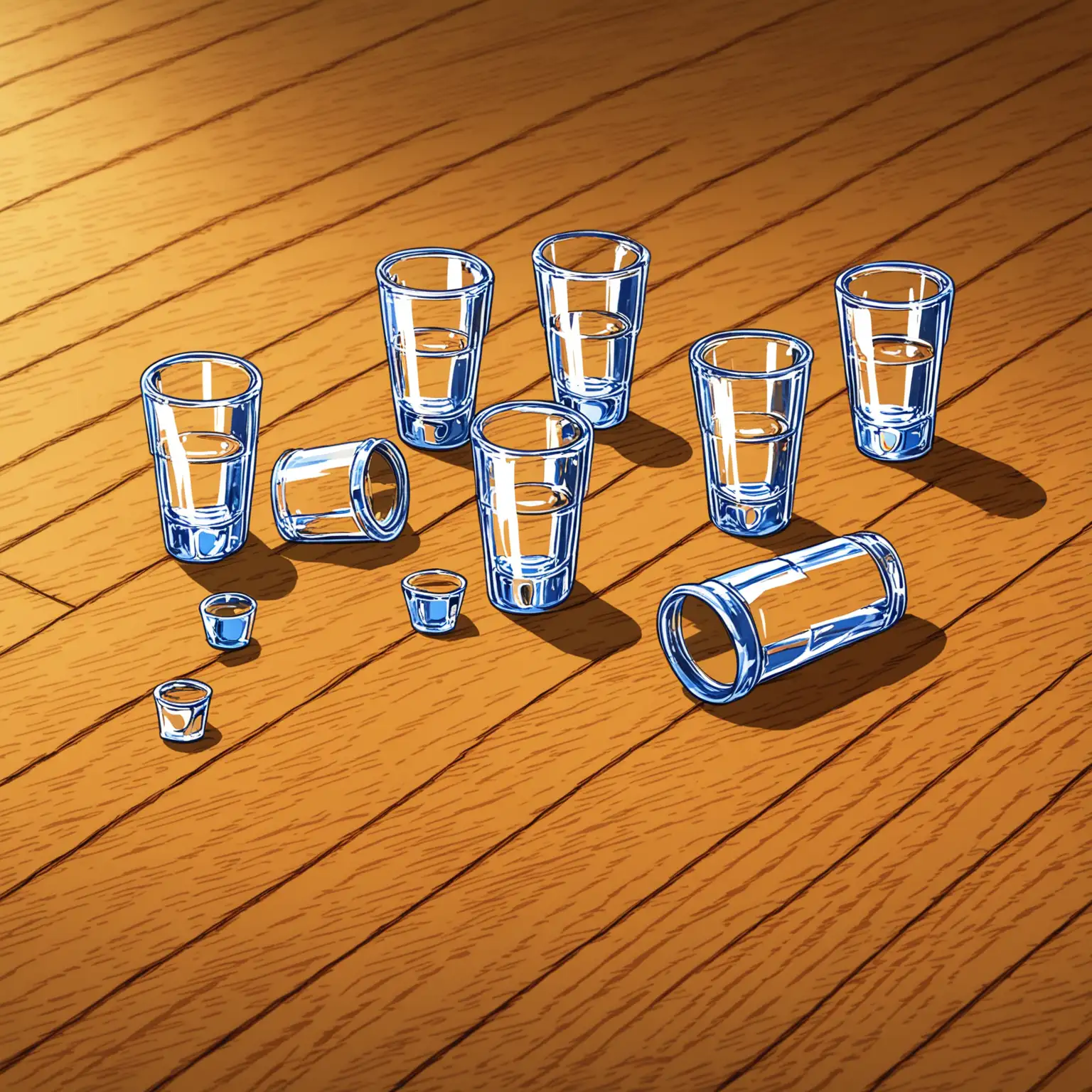 side view of a cartoon of 4 shot glasses scattered on a wood floor