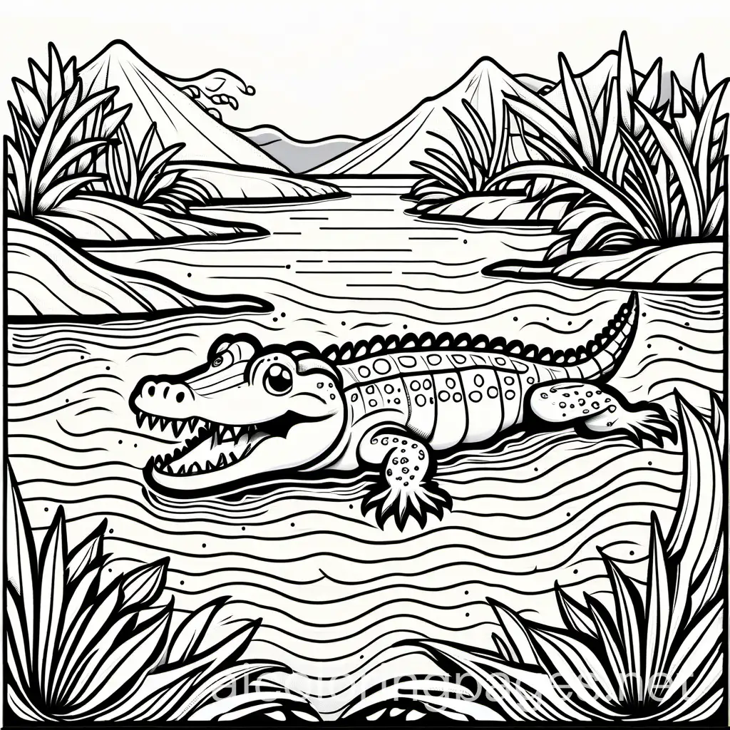 a little crocodile hanging out in the mud, Coloring Page, black and white, line art, white background, Simplicity, Ample White Space. The background of the coloring page is plain white to make it easy for young children to color within the lines. The outlines of all the subjects are easy to distinguish, making it simple for kids to color without too much difficulty