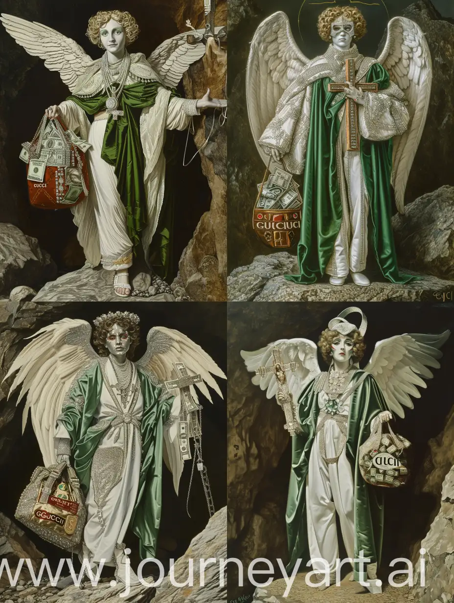 Edward Burne-Jones painting of a dramatic futuristic female angel with a dramatic face, wearing white clothes ornate in diamonds, green silk and robes, holding a realistic cross and a GUCCI bag full of money, standing on a rock, high tones, high detailed, full body, otherworldly atmosphere —c 22 —s 750 —v 6.0 —ar 5:7