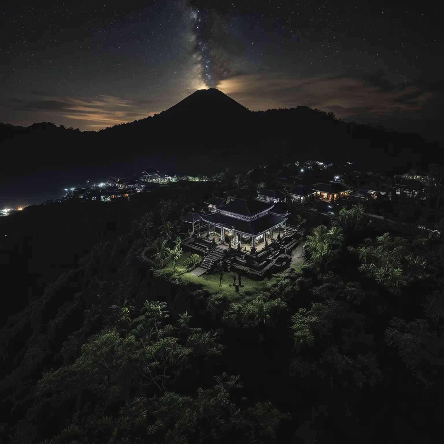 a view of an ancient Indonesian black stone temple at the top of a volcano with black houses at night. highlight from above