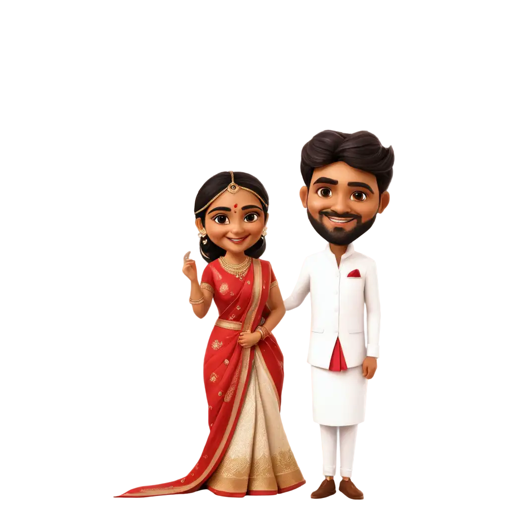 Exquisite-South-Indian-Wedding-Caricature-in-PNG-Format-Bride-in-Red-Saree-and-Groom-in-White-Lungi