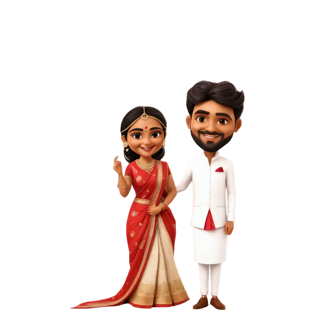 south indian wedding caricature in redish outfit of bride in saree and groom in white lungi 