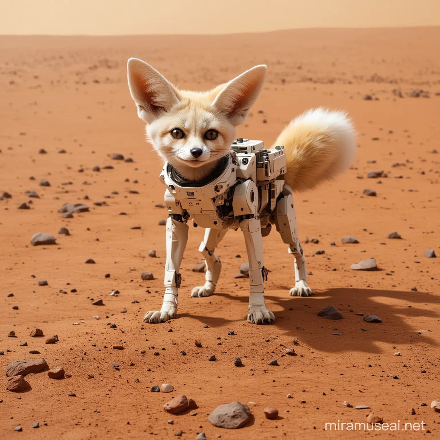 A robot fennec fox on mars surface. Also there is a sand storm
