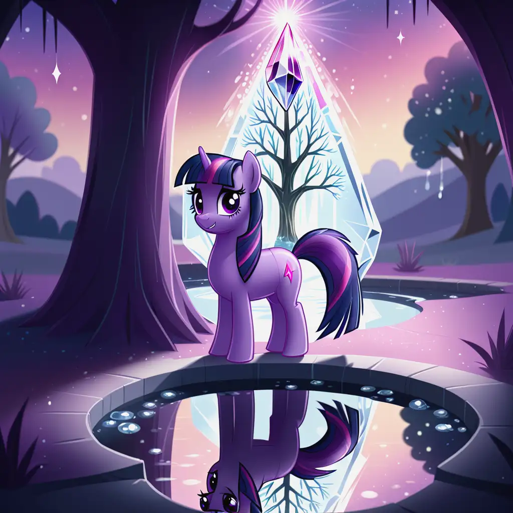 Twilight-Sparkle-Contemplates-Crystal-Tree-Reflection-in-Twilight