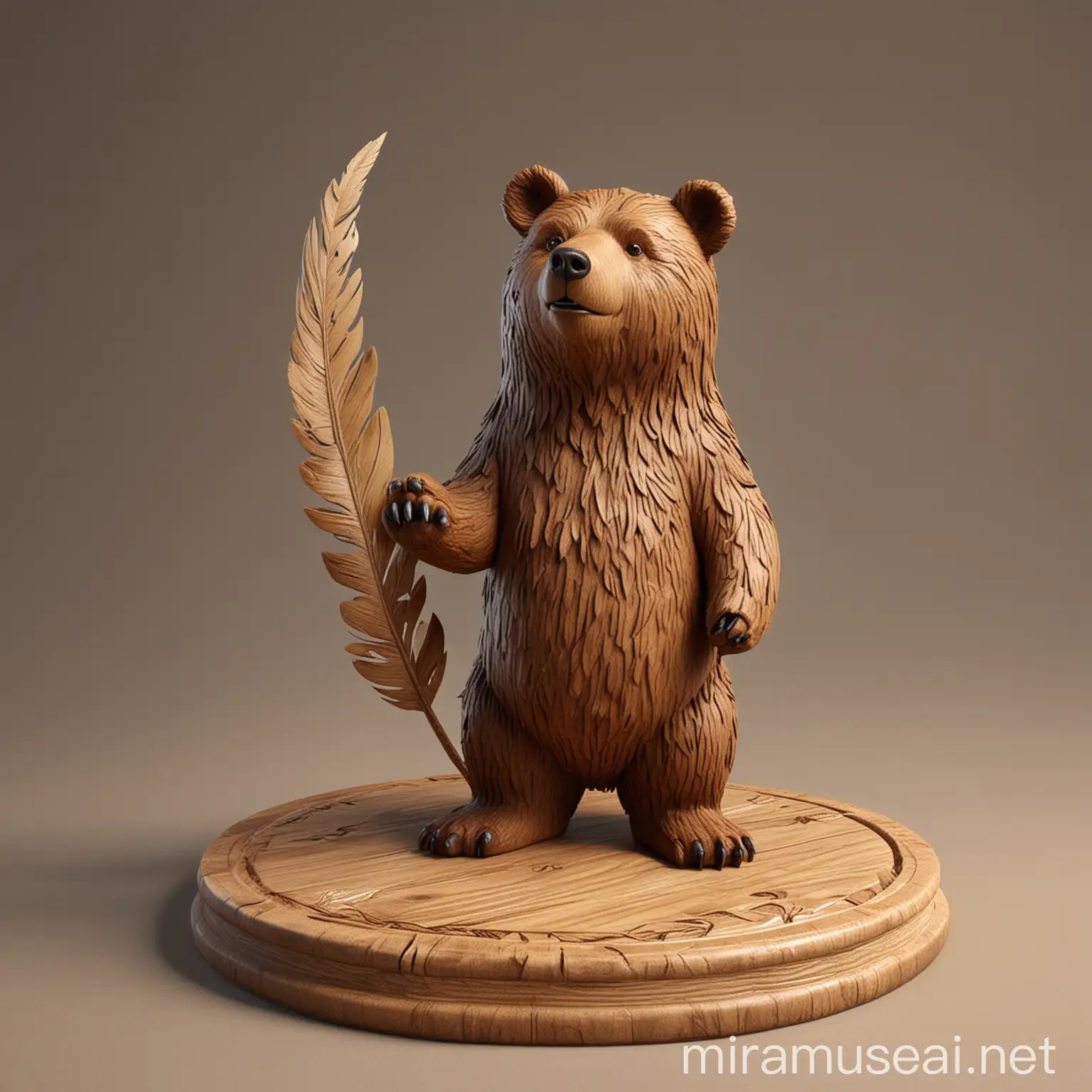 Wooden Bear and Feather Sculpture on Circular Base