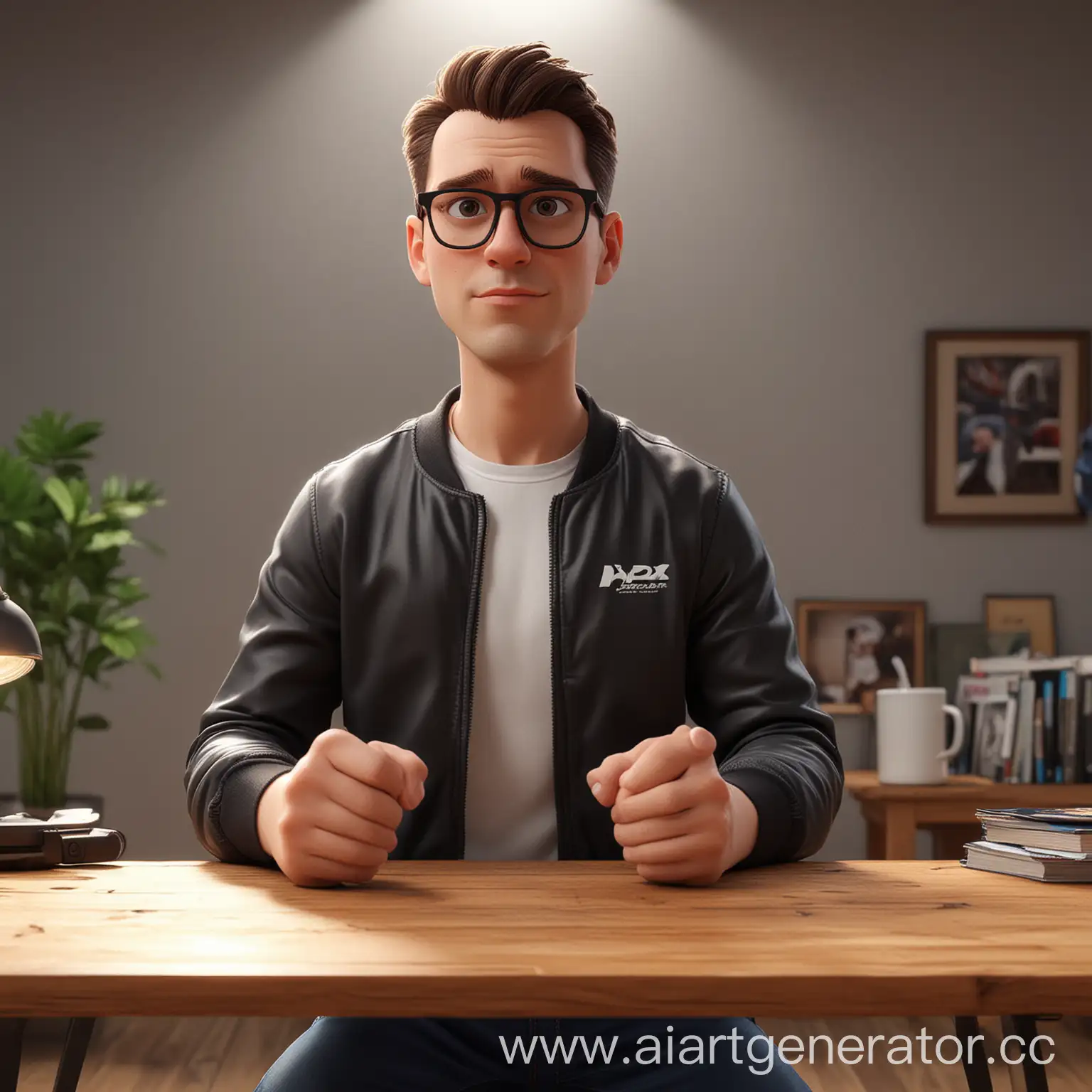 Standing white male wearing glasses, brunette, black bomber, white t-shirt. YouTube blogger, sitting at the table. Developer, facing us, 3d rendering, pixar style, stylized 3d rendering, c4d, (full-length), high quality, composition, masterpiece, artstation, solid background