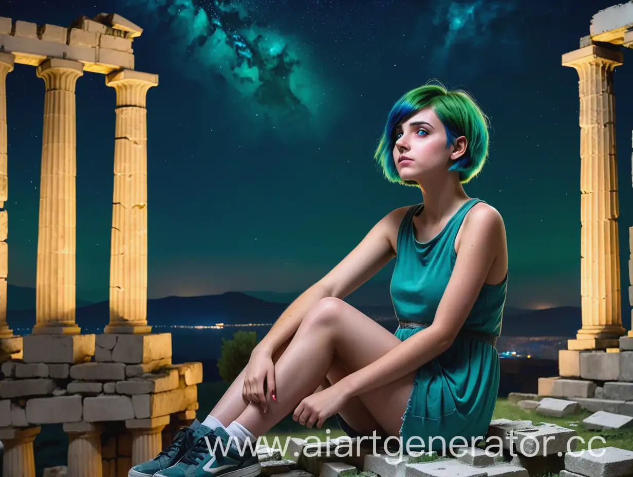 Девушка с зедёно-голубыми короткими волосами сидит на руинах греческого храма и смотрит в ночное небо