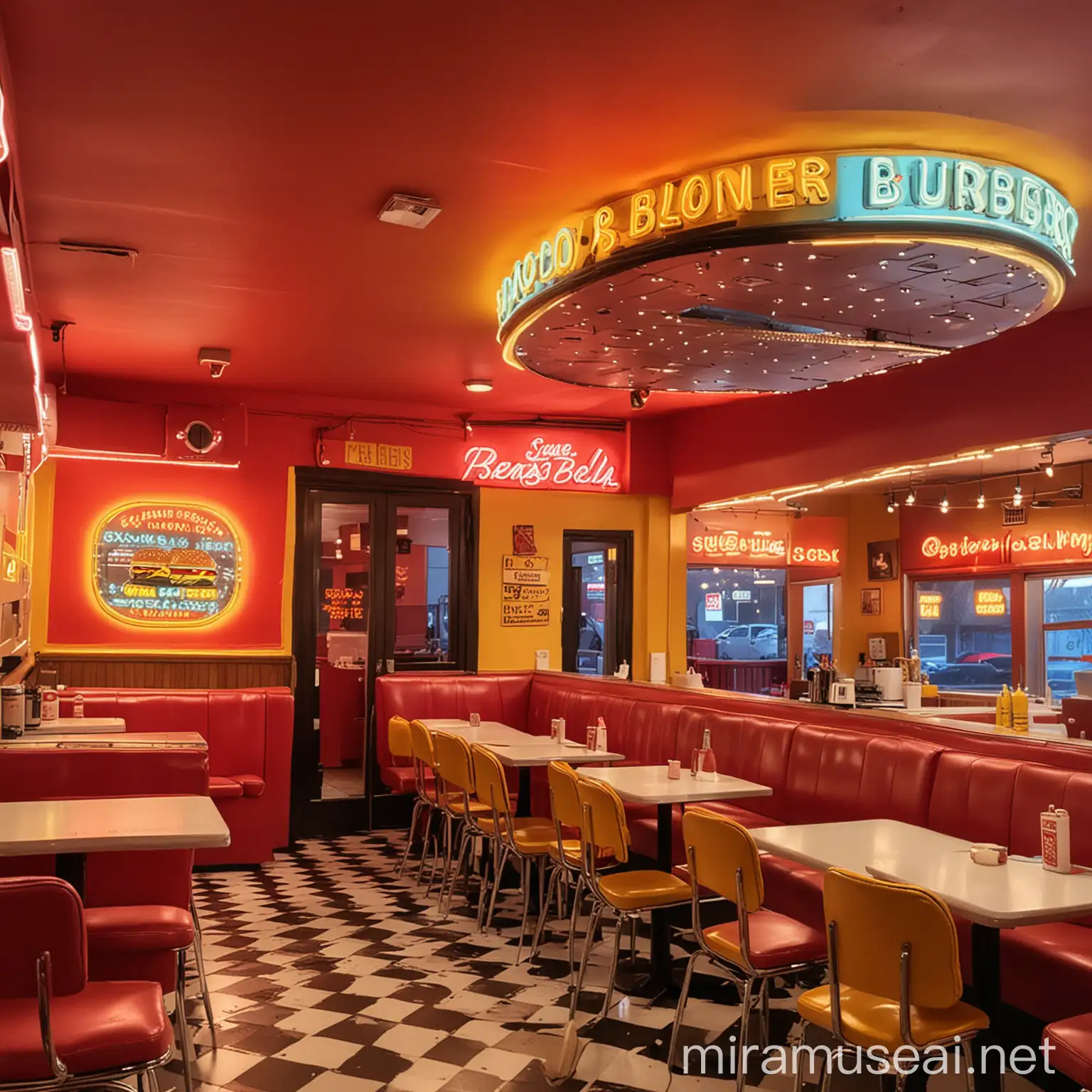 Inside of detailed 90’s retro red and yellow burger restaurant with neon lights like saved by the bells famous restaurant “The max”