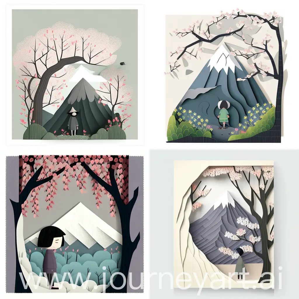 Mountain with cherry trees in bloom, mountain man in kimono hides behind a tree and looks at a mako tree , wild bushy hair, stylish, simple and innocent paper art simple style children's book. Background gray
