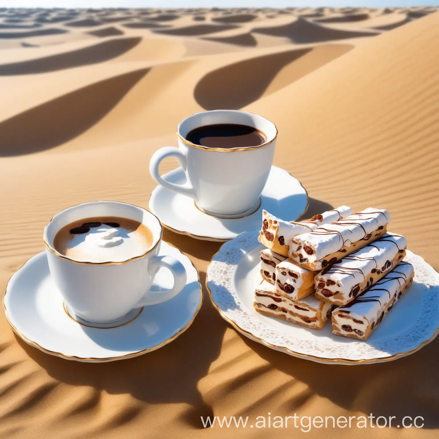 дюны. на песке стоит чашка кофе и кусочек ароматного торда на блюдце. все выглядит очень романтично и аппетитно