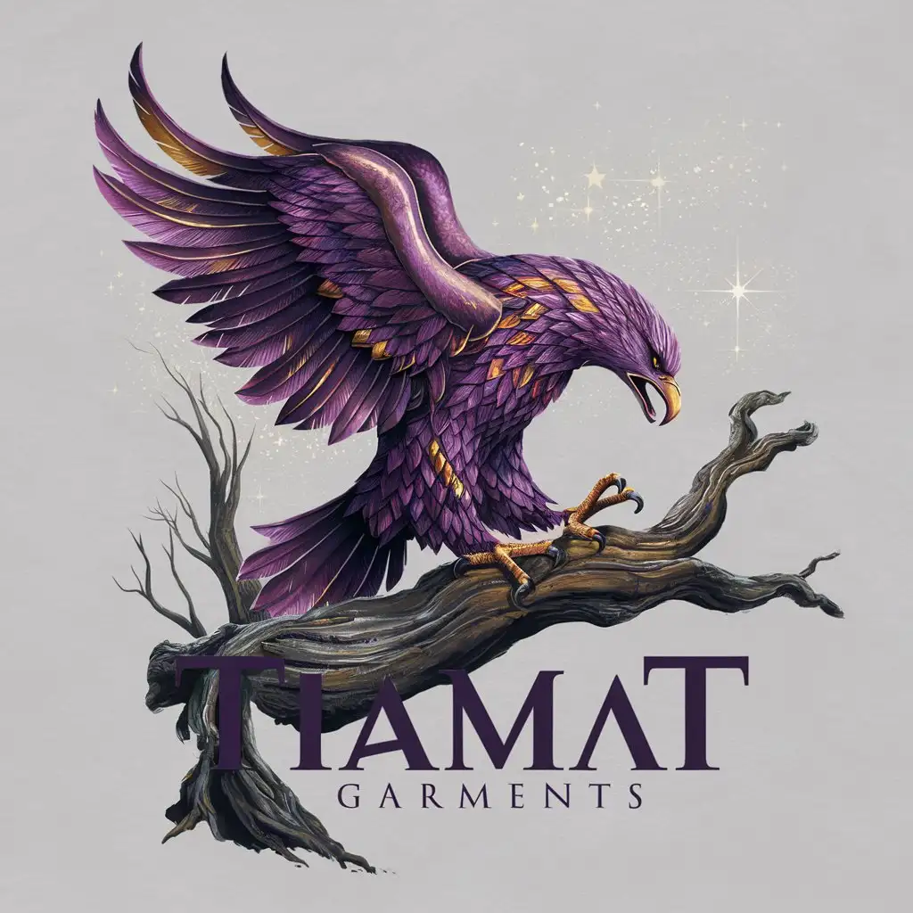 a logo design,with the text "Tiamat Garments", main symbol:Main Graphic: Purple Eagle: The central element is a majestic, intricately detailed purple eagle. The eagle is depicted perched on a gnarled, ancient tree branch.nColor Palette: Use varying shades of purple, gold, for the eagle, with hints of metallic gold and silver accents to highlight feathers and add depth. The tree branch should be in dark, earthy tones to contrast with the vibrant eagle.nPositioning: Place the eagle slightly off-center, towards the upper left side of the shirt, creating an asymmetrical and dynamic visual balance.nAdditional Details: Add small, delicate elements like twinkling stars or light mist to give a sense of atmosphere and depth.nLogo/Brand Name: Place a small, elegant version of the brand's logo or name below the eagle, perhaps in a sleek, metallic font that complements the eagle's accent colors.nBackground: Transparent background.,complex,clear background