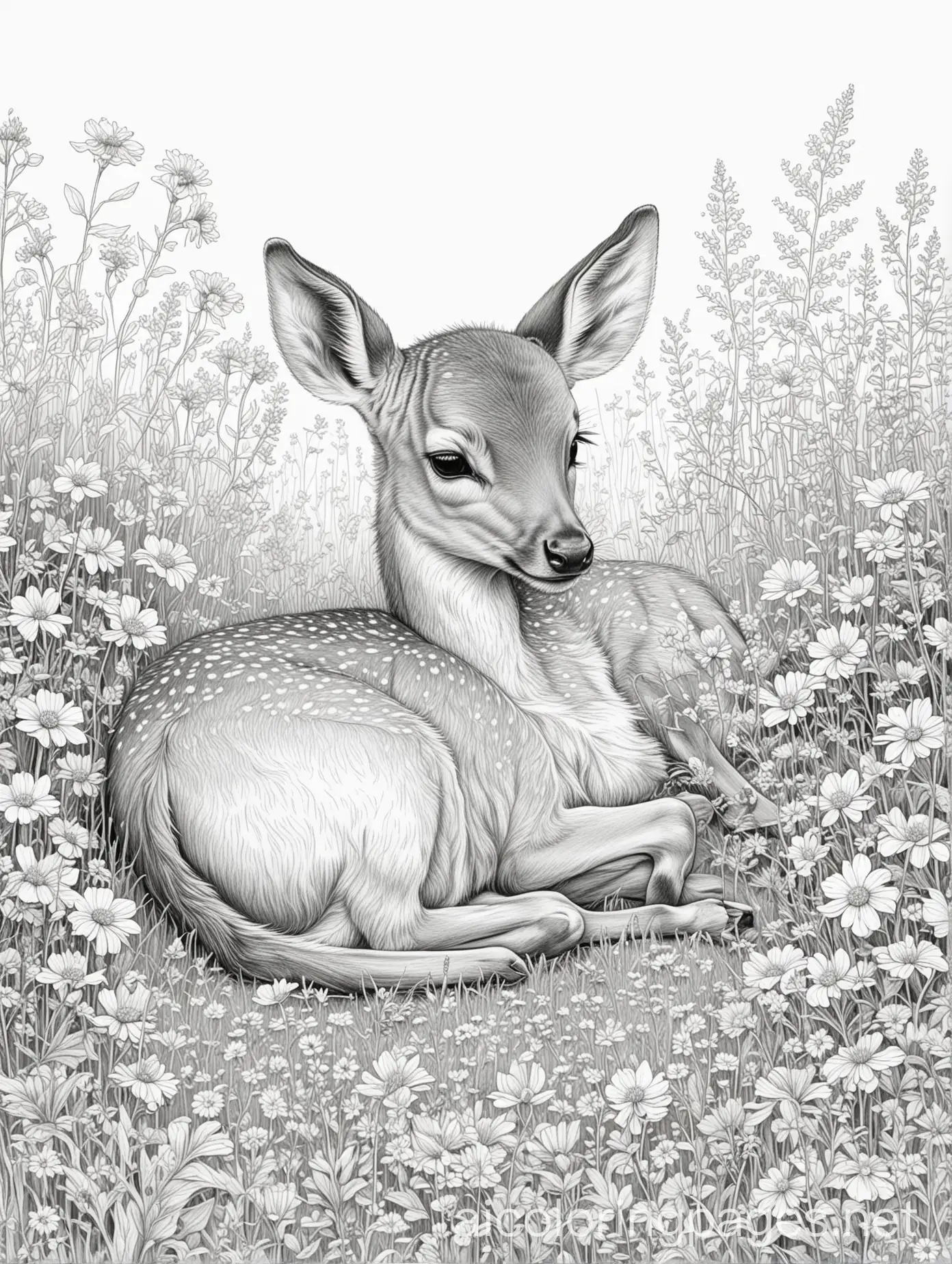 baby deer sleeping in a field of wildflowers, Coloring Page, black and white, line art, white background, Simplicity, Ample White Space. The background of the coloring page is plain white to make it easy for young children to color within the lines. The outlines of all the subjects are easy to distinguish, making it simple for kids to color without too much difficulty