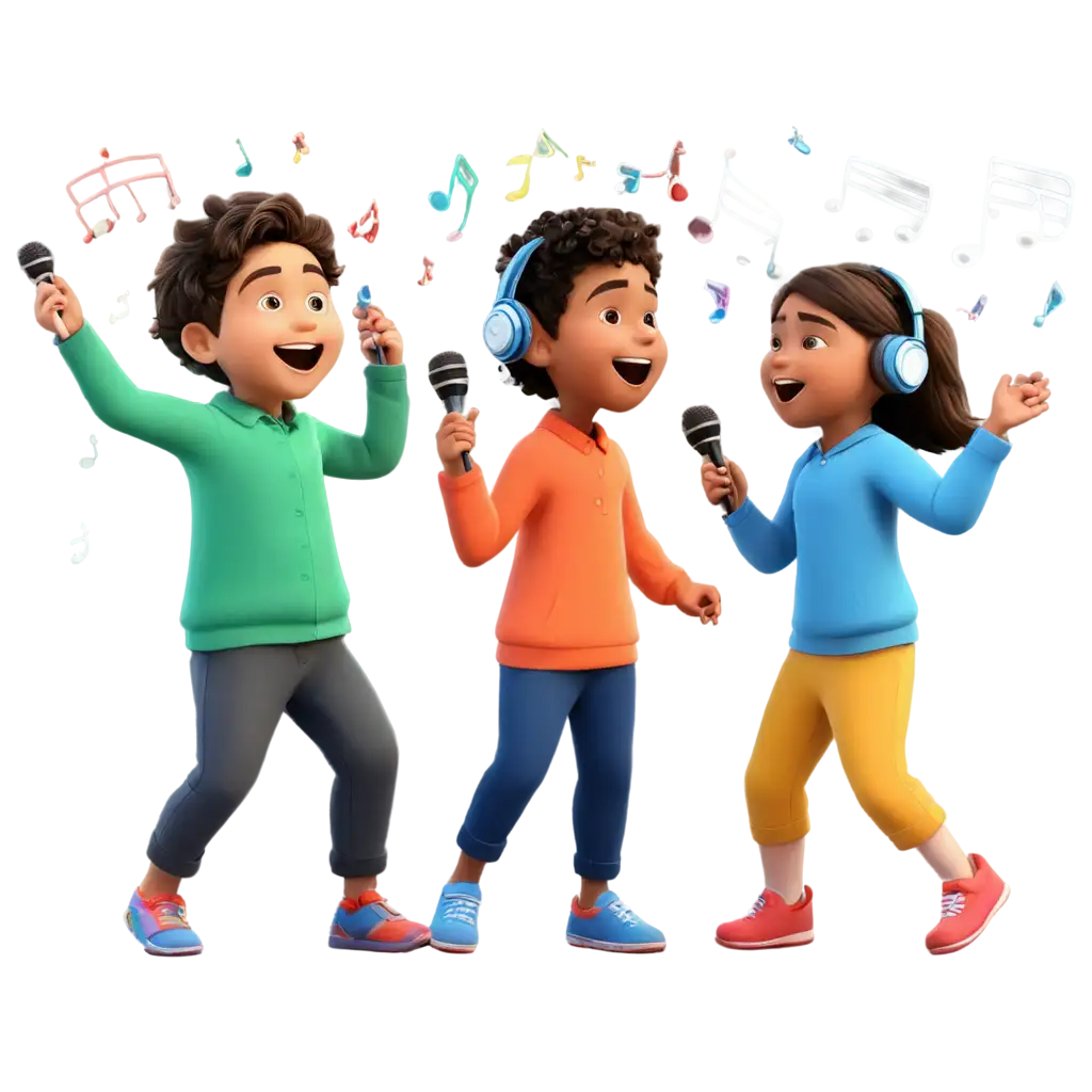 kids singing with musical notation and microphones. The picture must be animated/cartoon