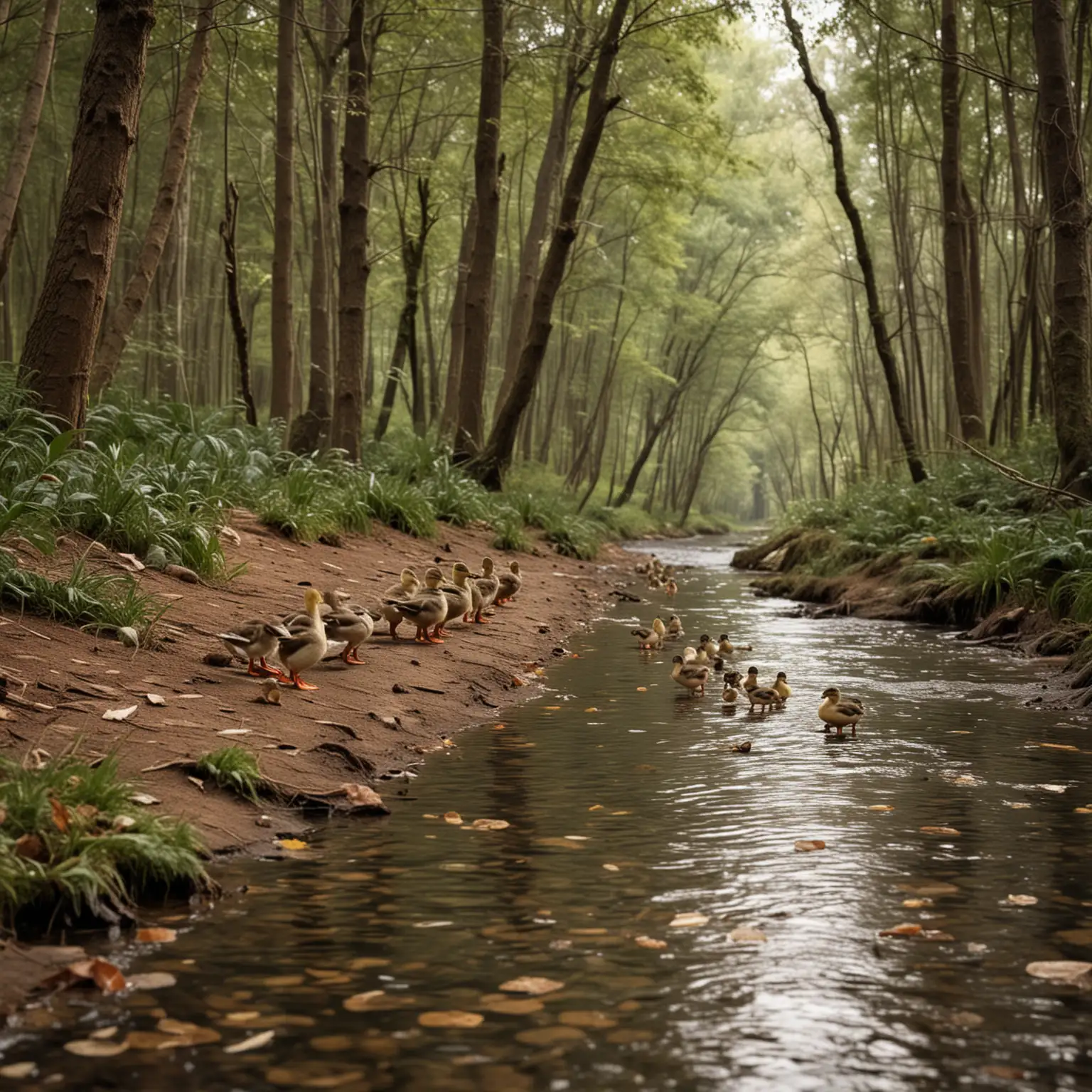 Six Little Ducks Walking Through a Forest to a River