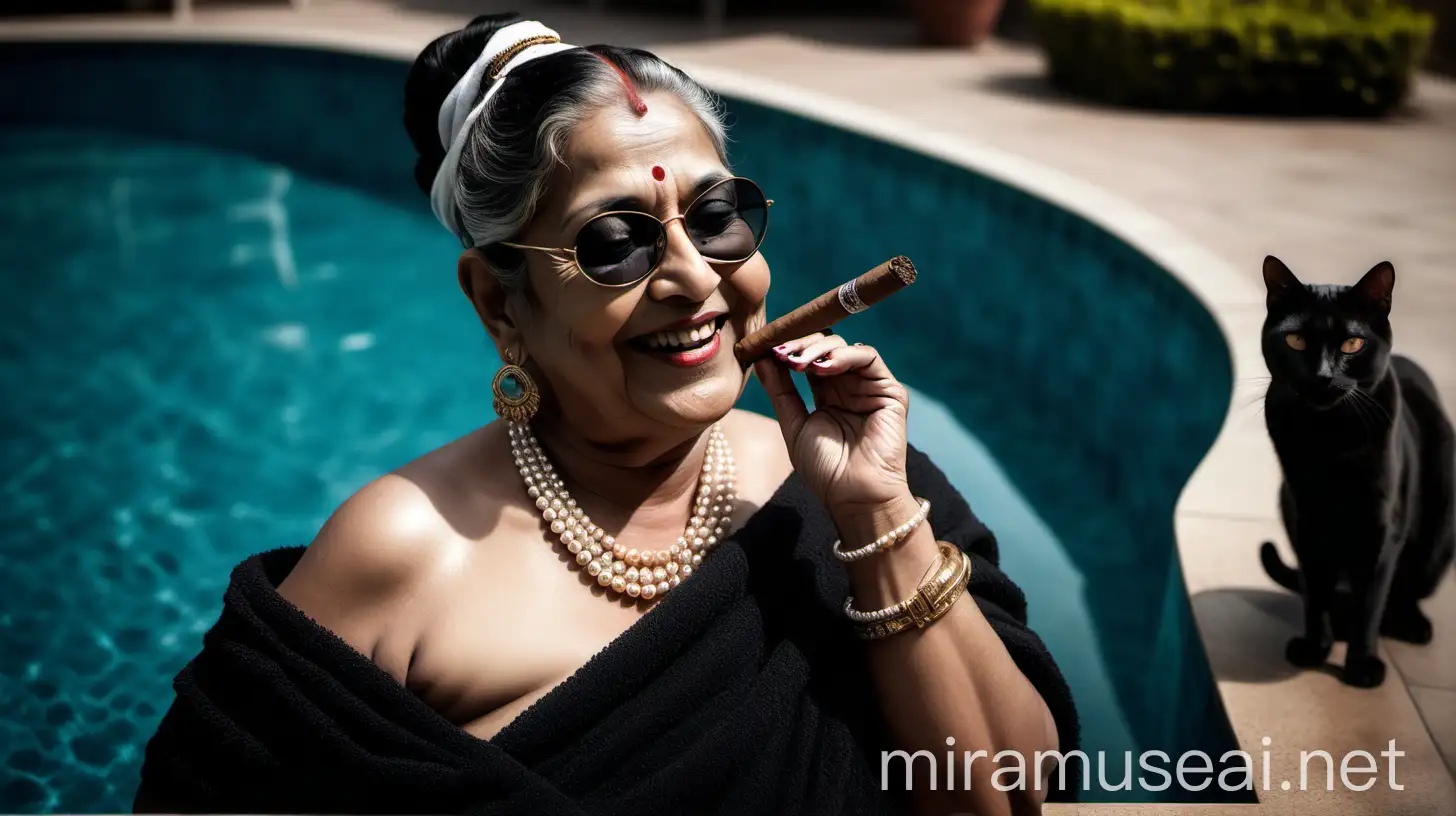 a indian mature  fat woman having big stomach age 57 years old attractive looks with make up on face ,binding her high volume hairs, Gajra Bun Hairstyle. wearing metal anklet on feet and high heels, smoking a cigar  in her hand  and a lighter , smoke is coming out from cigar  . she is happy and smiling. she is wearing pearl neck lace in her neck , earrings in ears, a black sunglasses on her eyes and wearing  a bath towel on her body. she is inside a luxurious swimming pool ,  three black cats are siting  and its night time . 