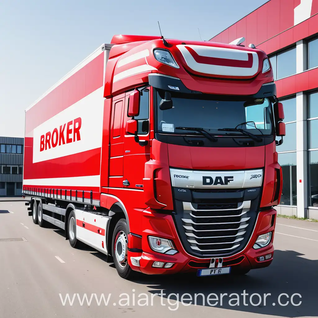 Огромный красно-белый офис под названием Broker. Перед ним стоят чëрные фуры DAF XF16 Euro 6 без прицепа