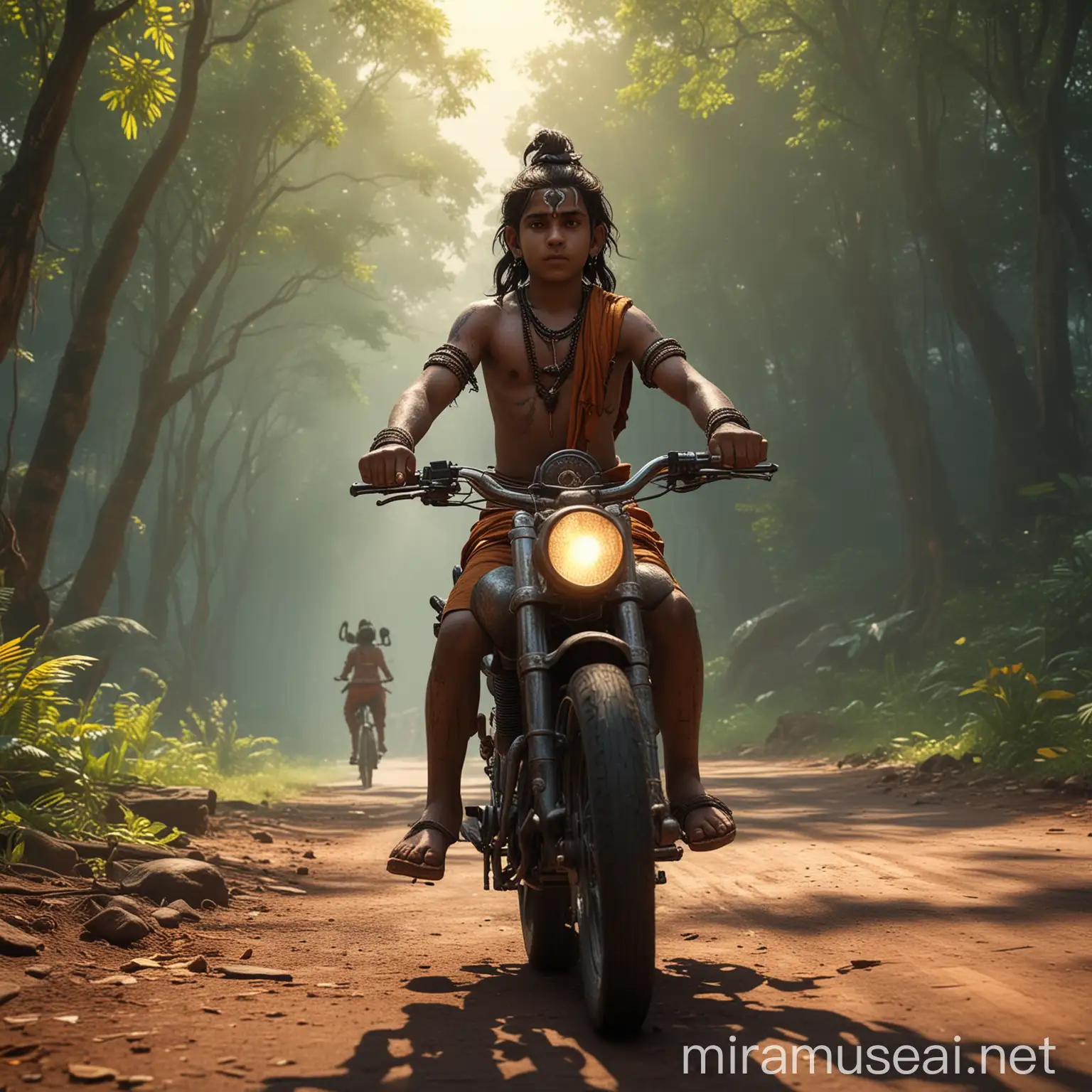 Boy Riding Bike with God Shiva in Vivid Realistic Scene