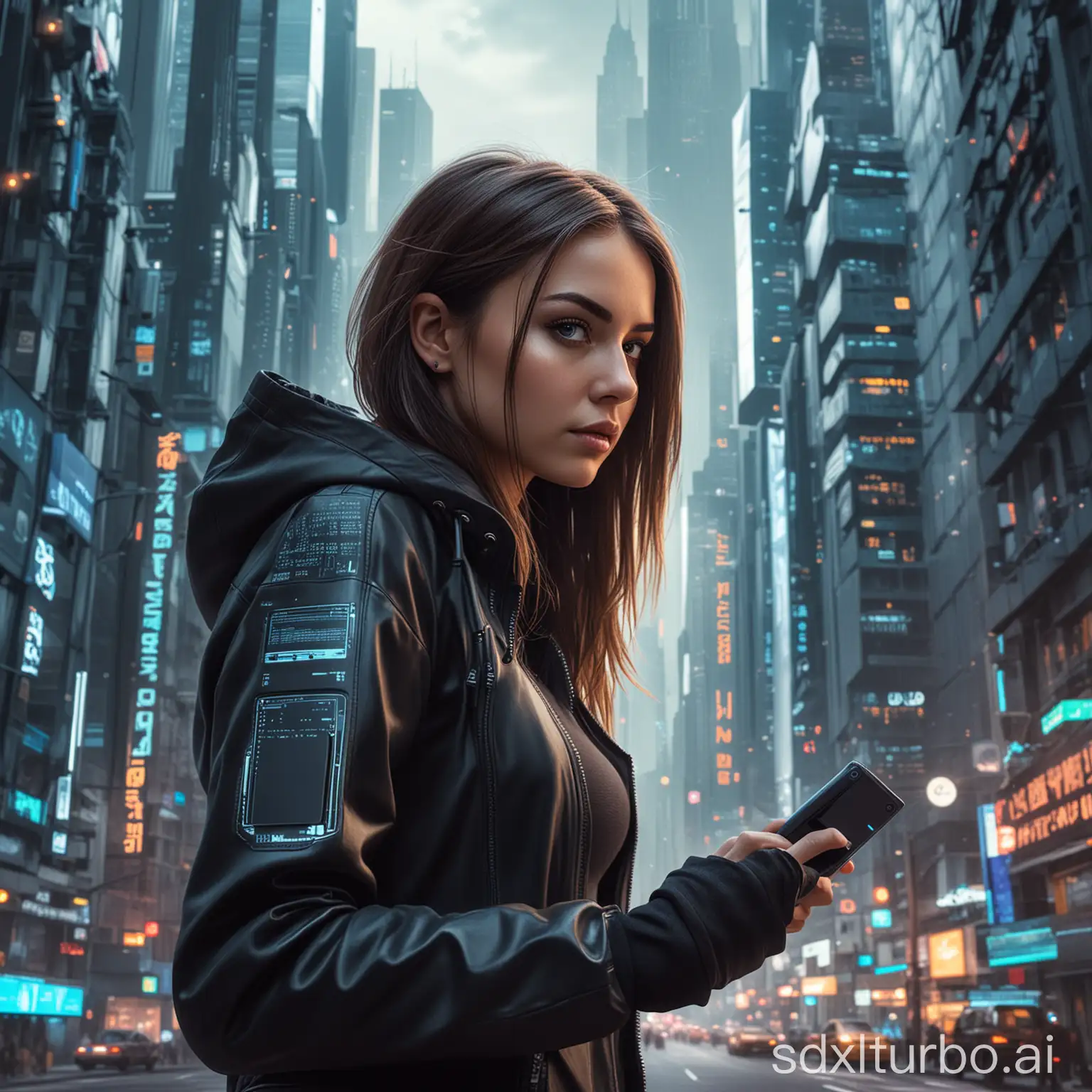 A female hacker in the futuristic city