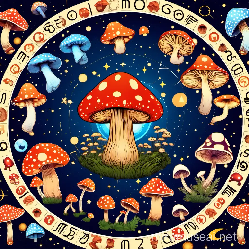 Astrological Zodiac Signs Surrounded by Enchanted Mushrooms