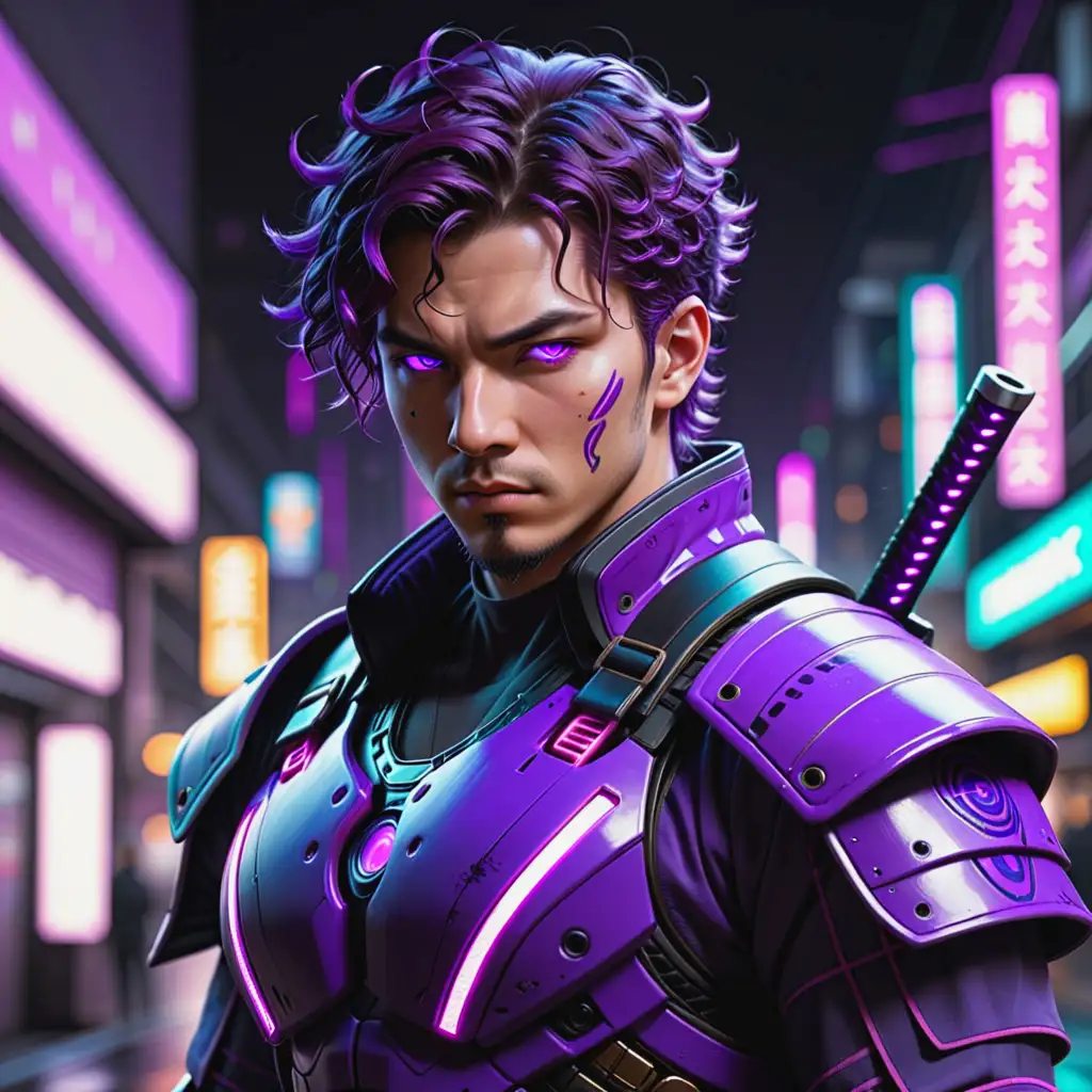 create purple themed cyberpunk samurai man, strong, purple glowing eyes, short slightly curly hair, no fair fading on the sides, futuristic, high tech, purple, neon lights, mechanic, super detailed